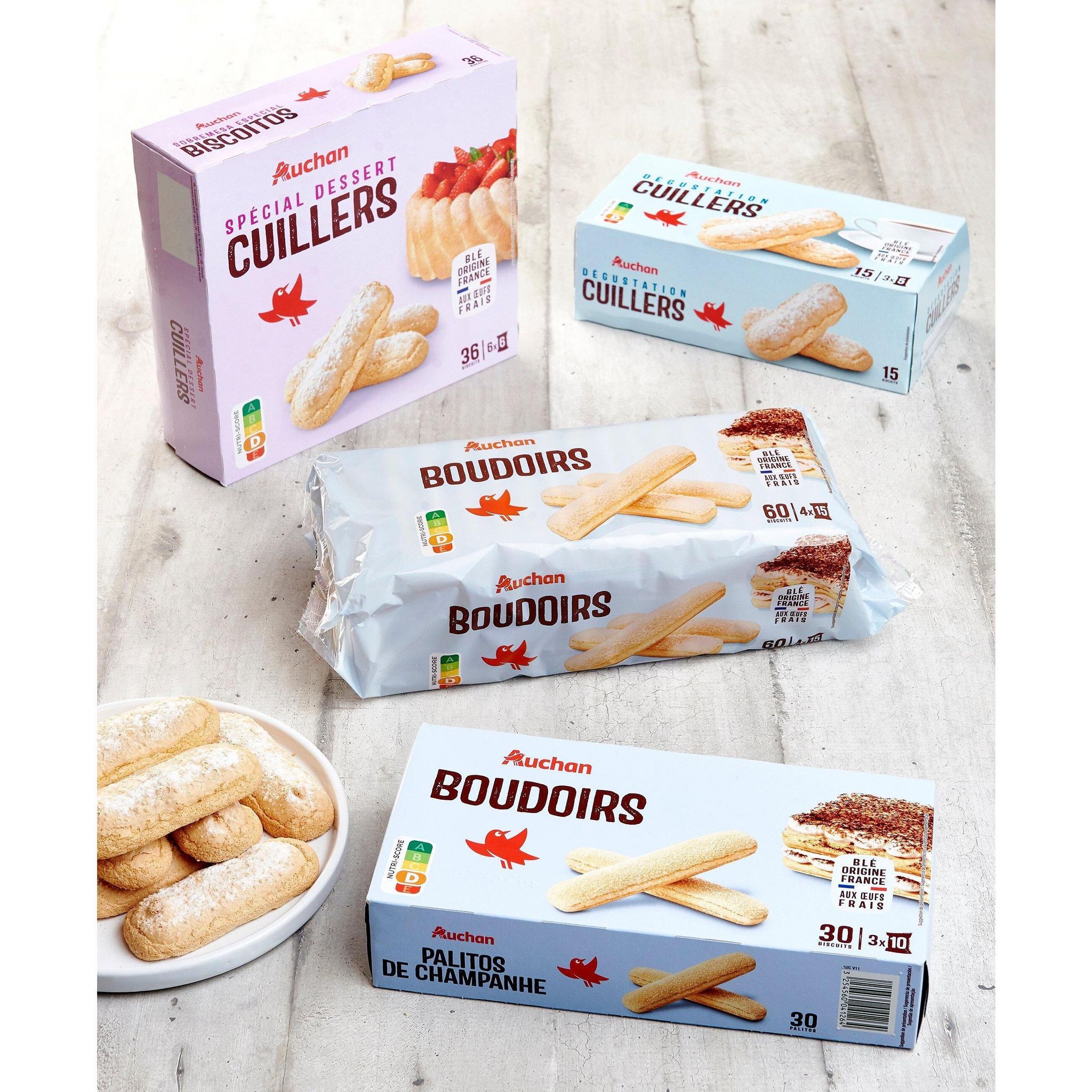 Voir la diapositive 2 : AUCHAN Boudoirs aux œufs frais sachets fraîcheur 4x15 biscuits 400g