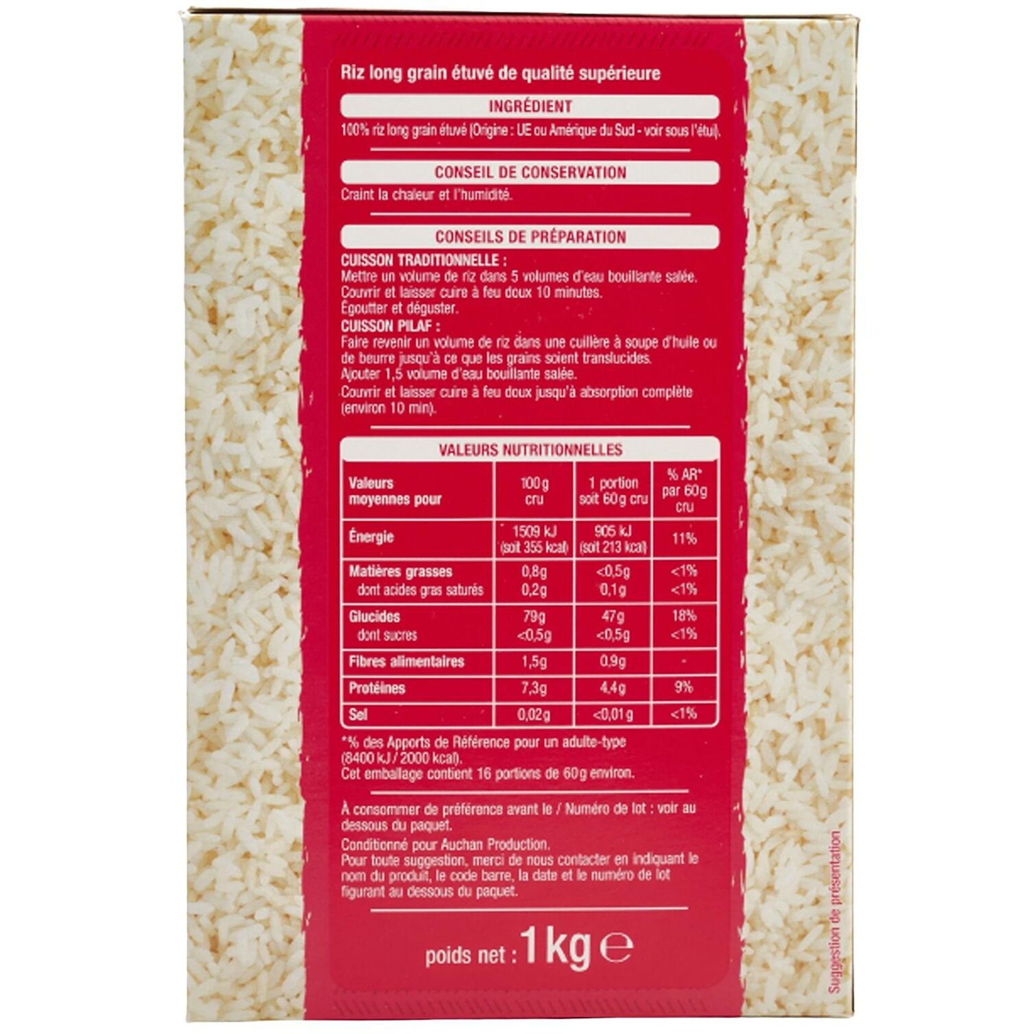 Voir la diapositive 2 : AUCHAN Riz long grain incollable 1kg