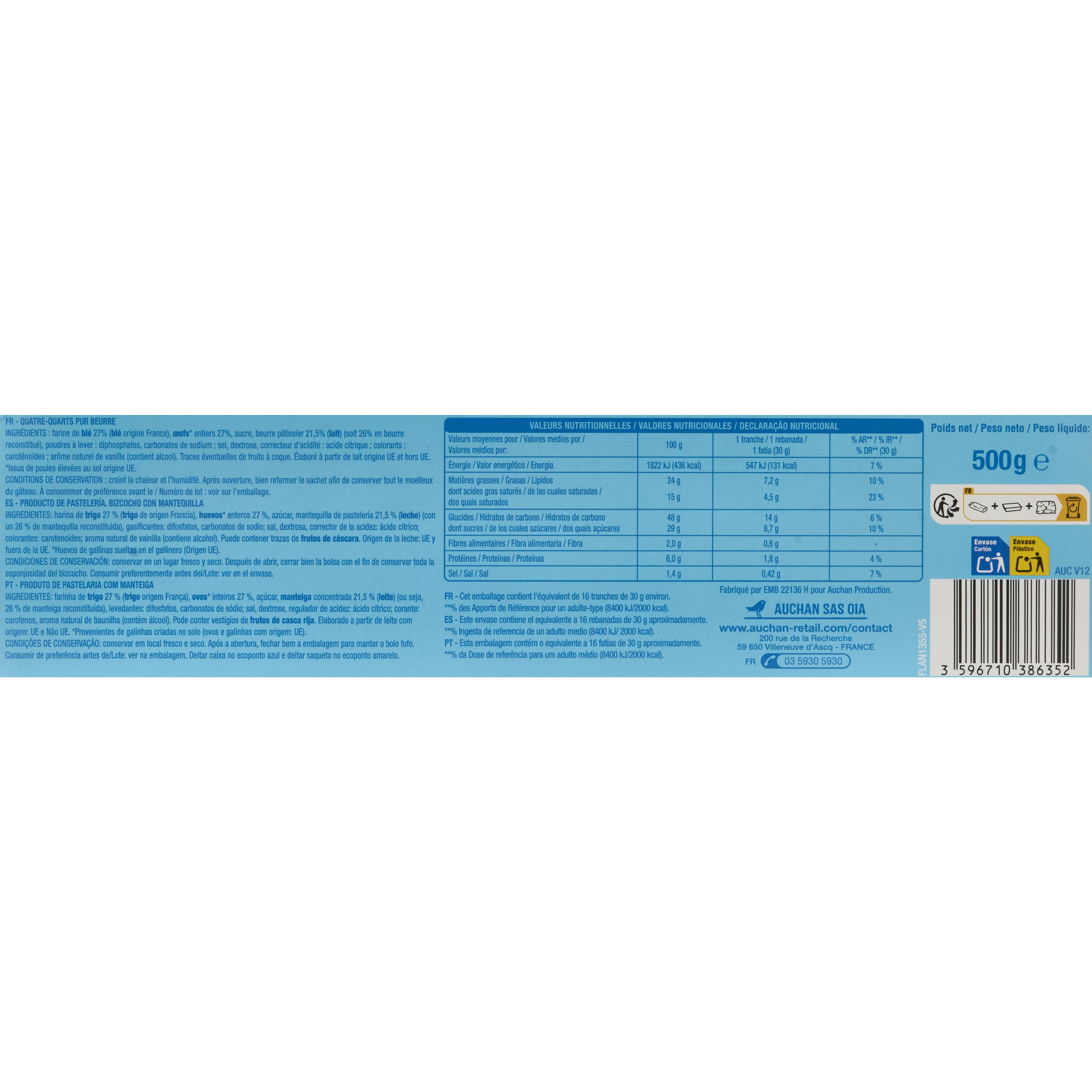 Voir la diapositive 2 : AUCHAN Quatre-quart pur beurre 500g