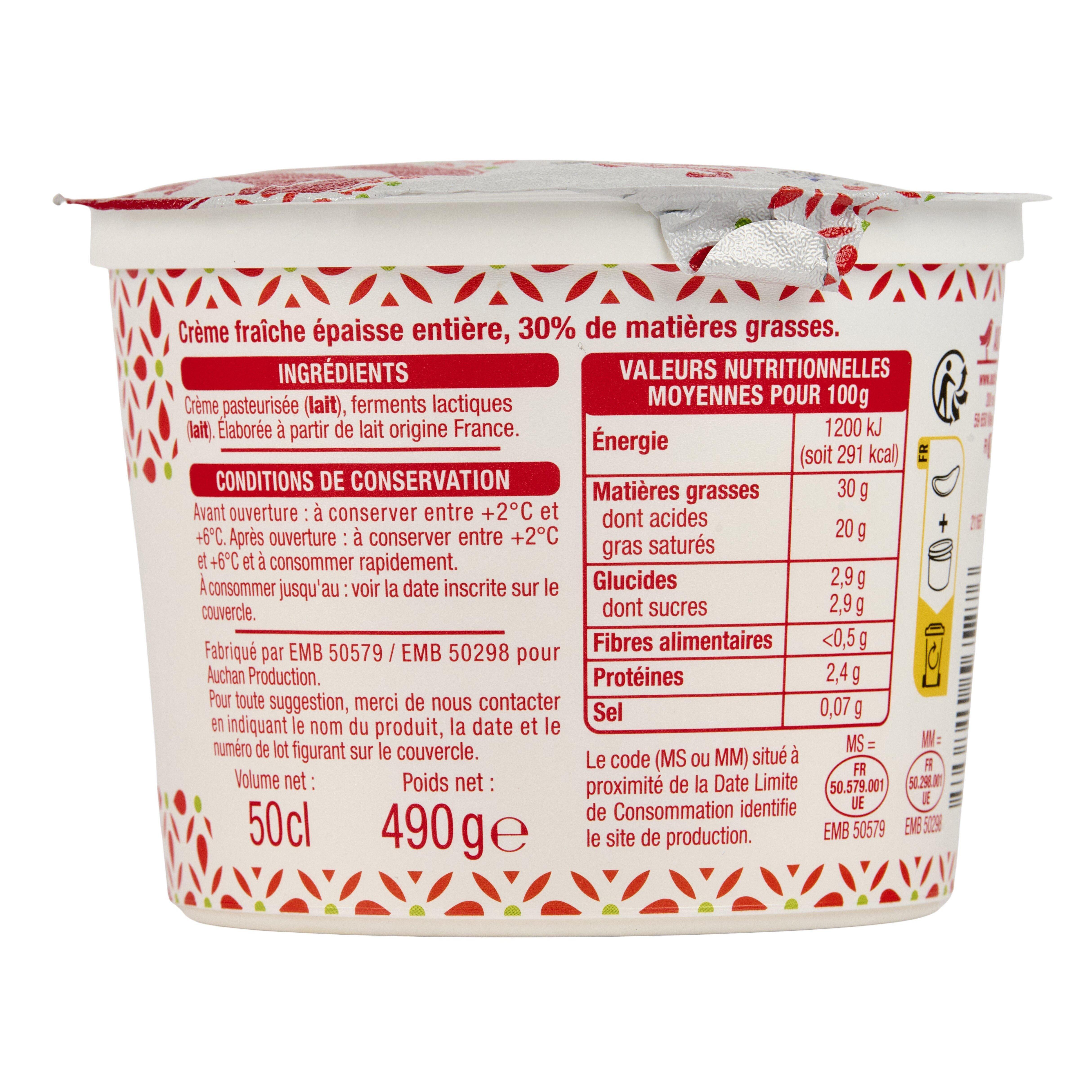 Voir la diapositive 2 : AUCHAN Crème fraîche épaisse entière 30%MG 50cl