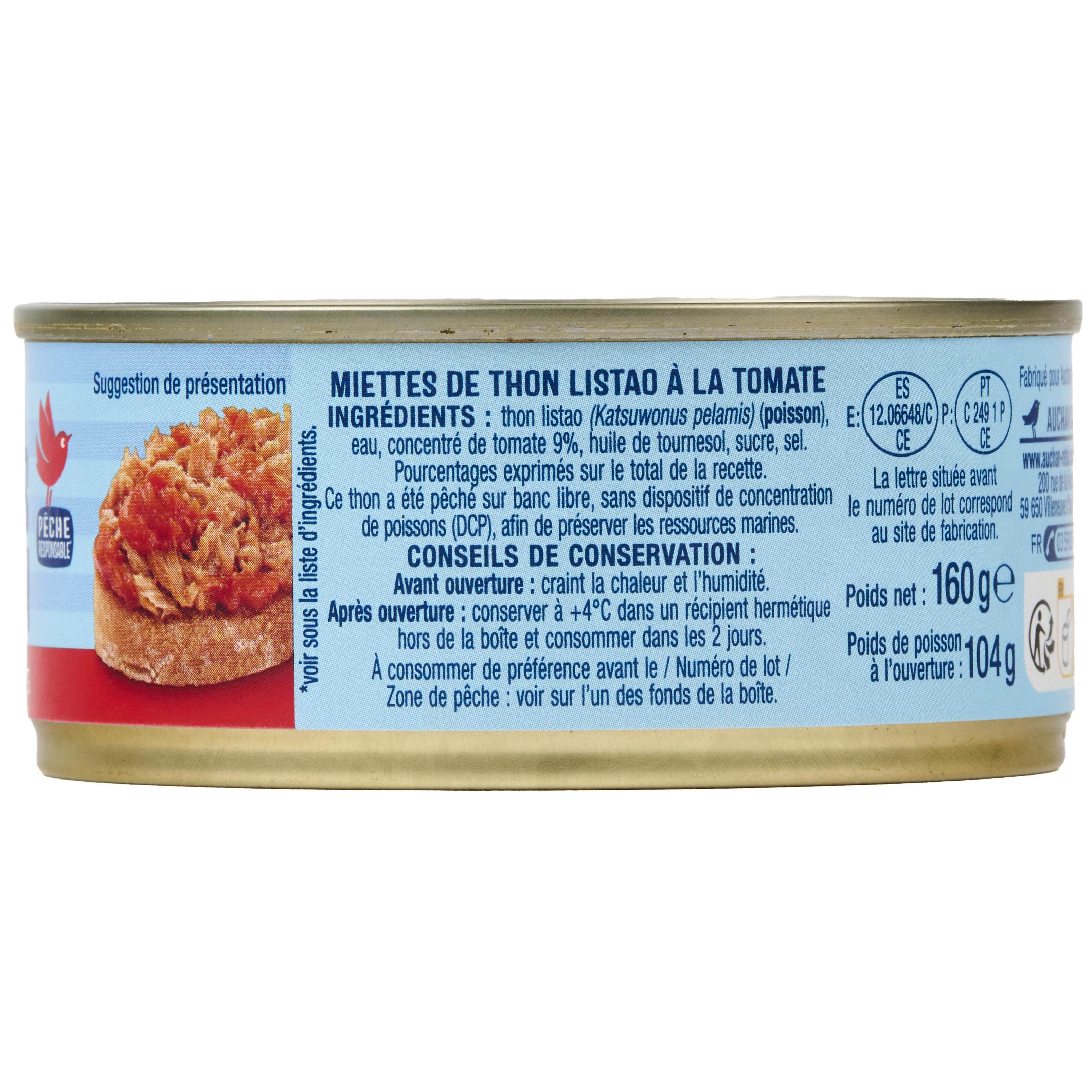 Voir la diapositive 2 : AUCHAN Miettes de thon à la tomate 160g
