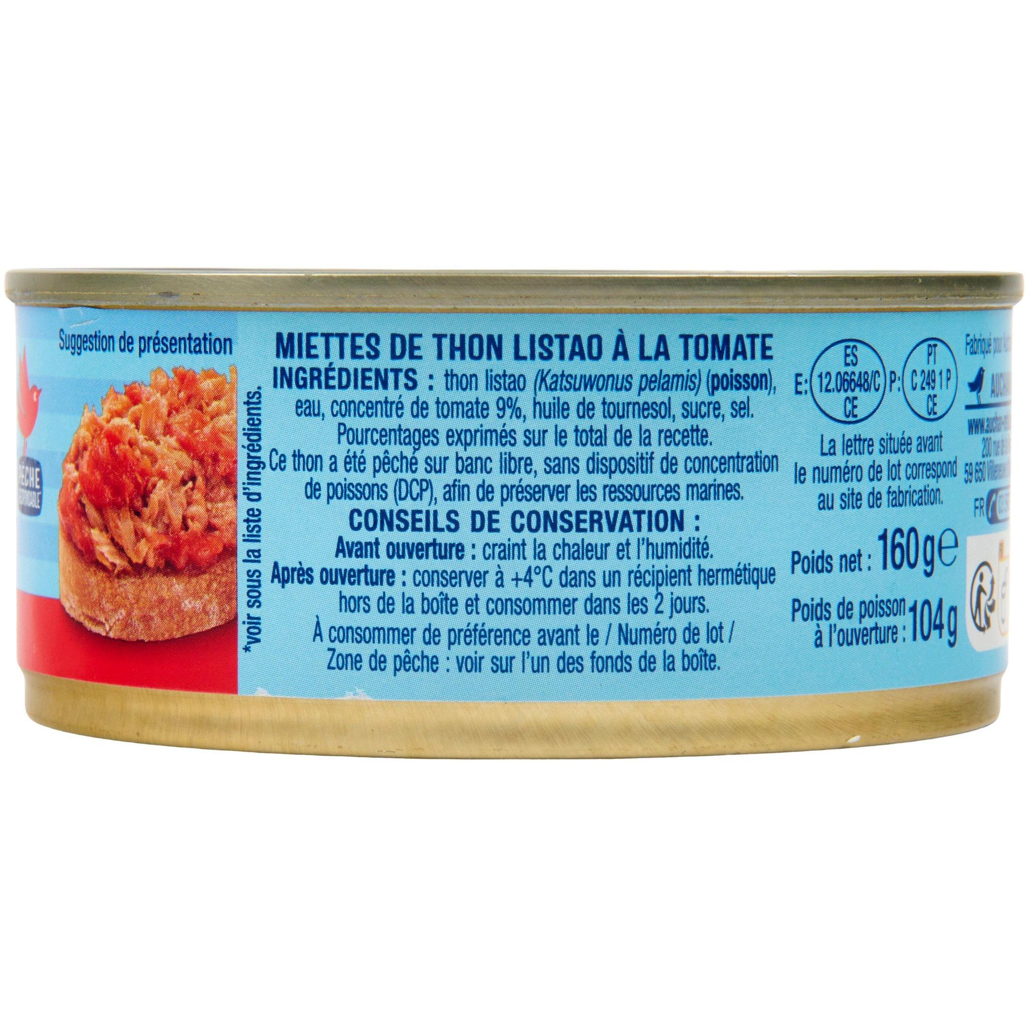 Voir la diapositive 2 : AUCHAN Miettes de thon à la tomate 160g