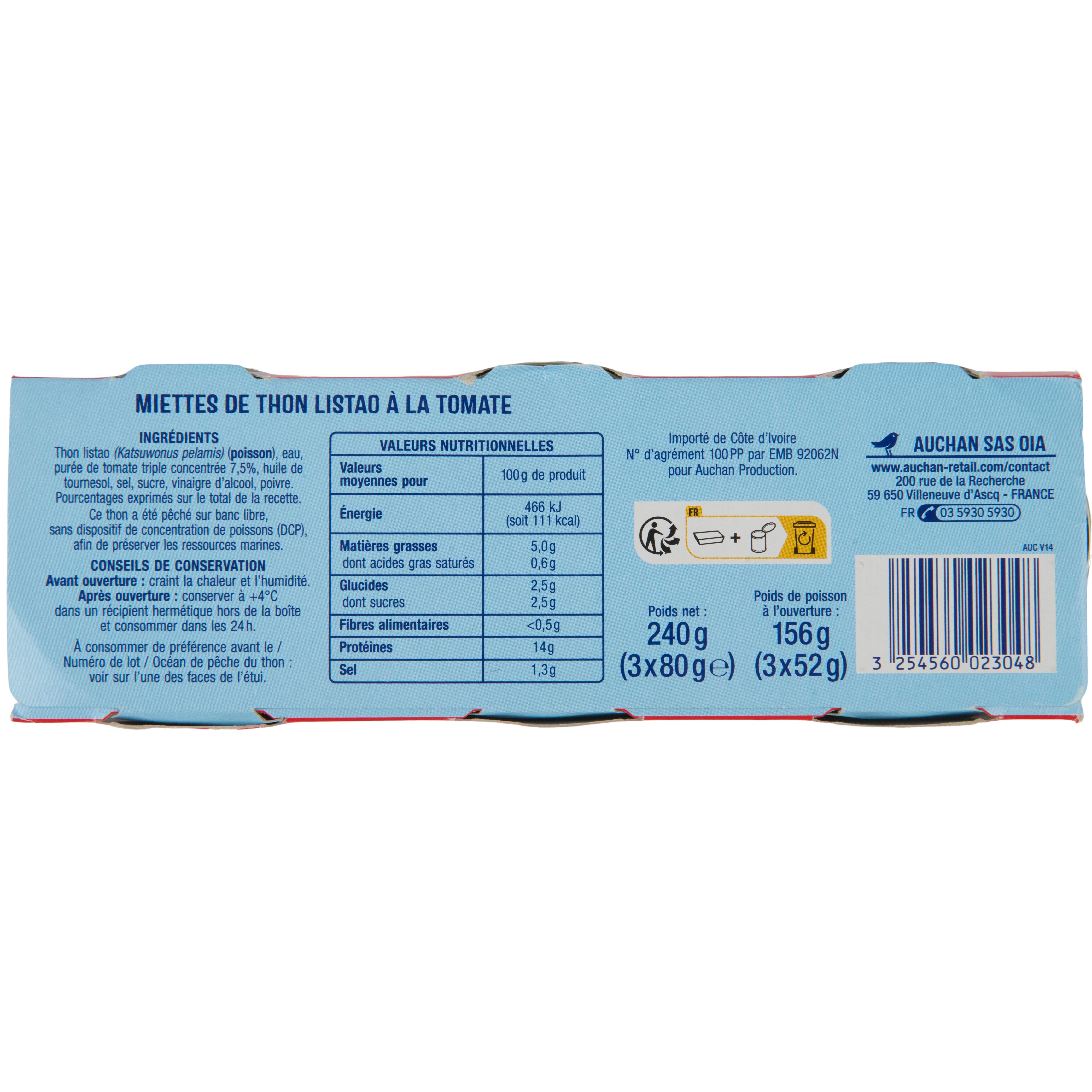 Voir la diapositive 2 : AUCHAN Miettes de thon listao à la tomate 3x80g
