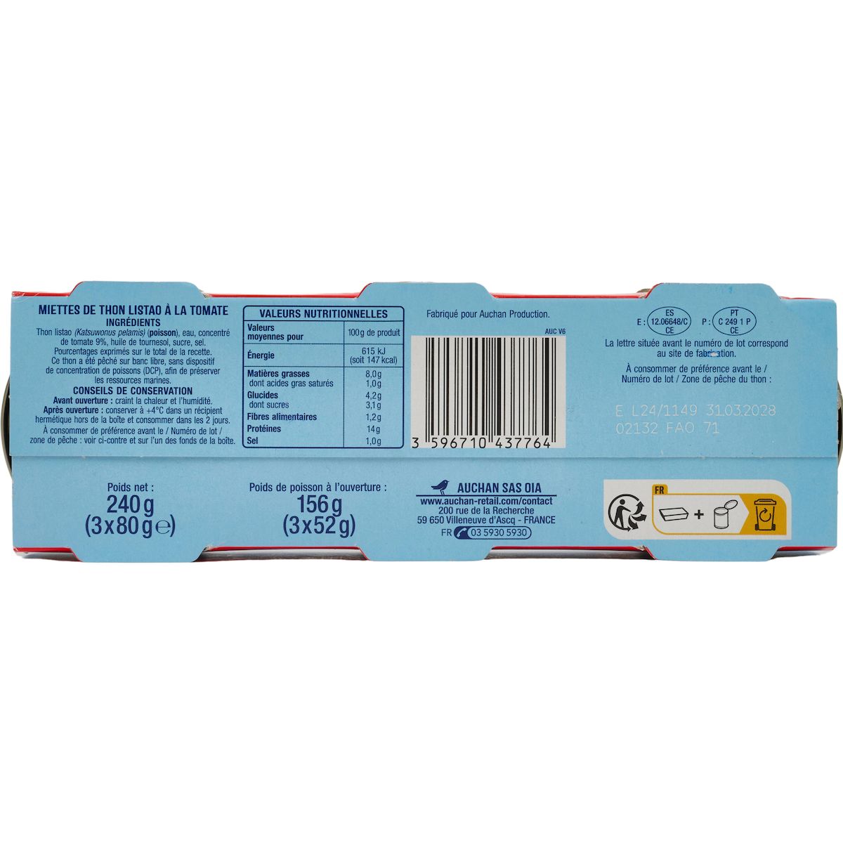 AUCHAN Miettes de thon listao à la tomate 3x80g