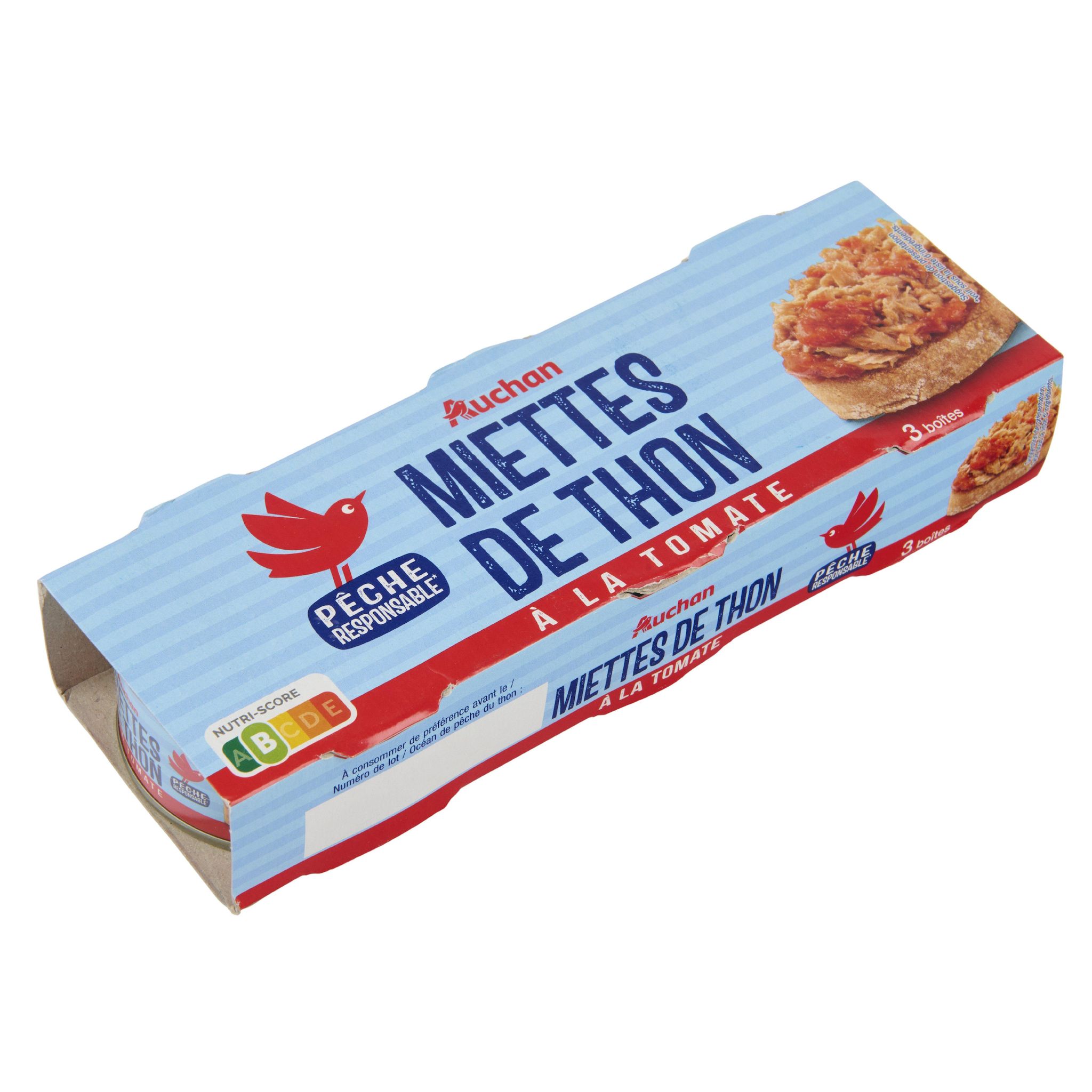 Voir la diapositive 3 : AUCHAN Miettes de thon listao à la tomate 3x80g