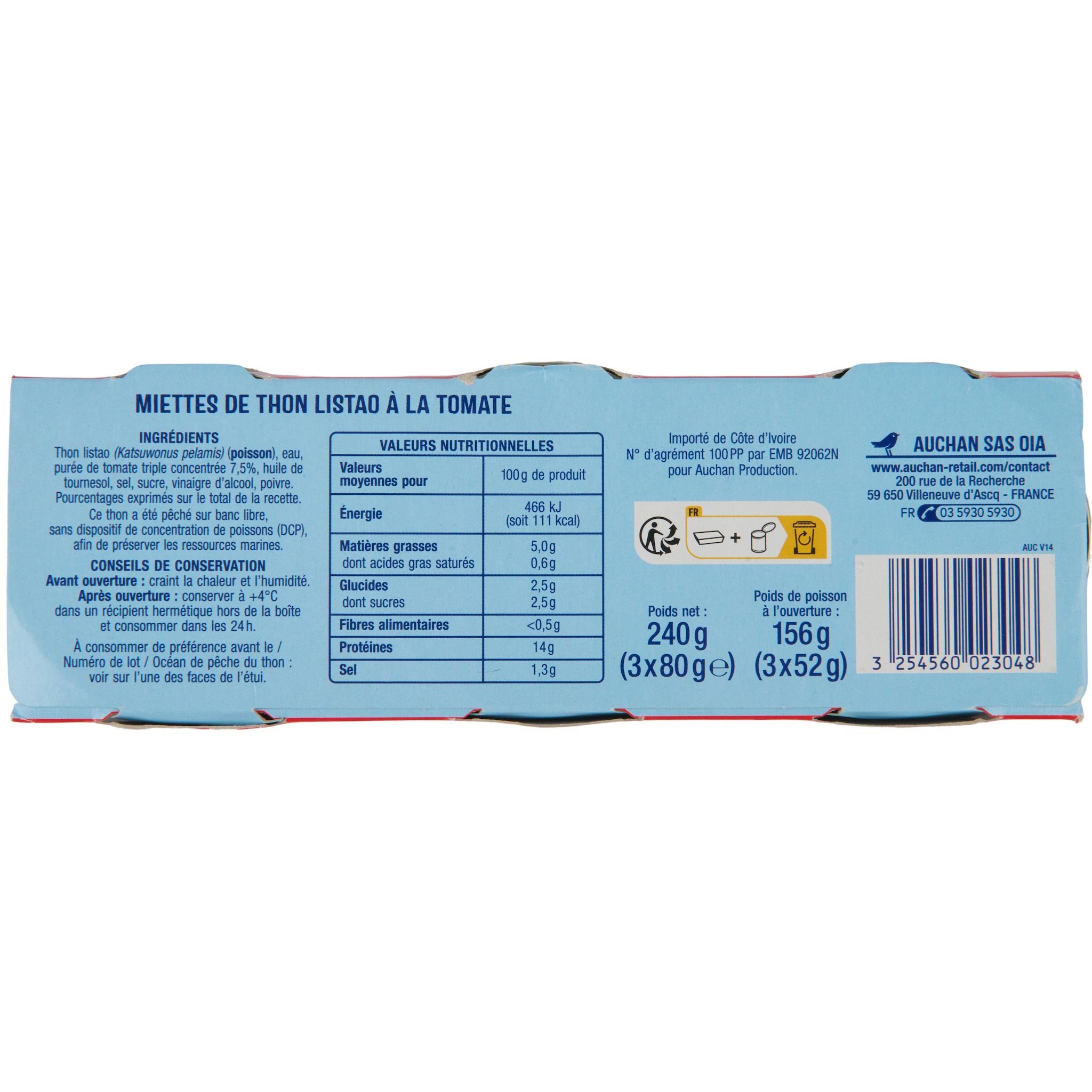 Voir la diapositive 4 : AUCHAN Miettes de thon listao à la tomate 3x80g