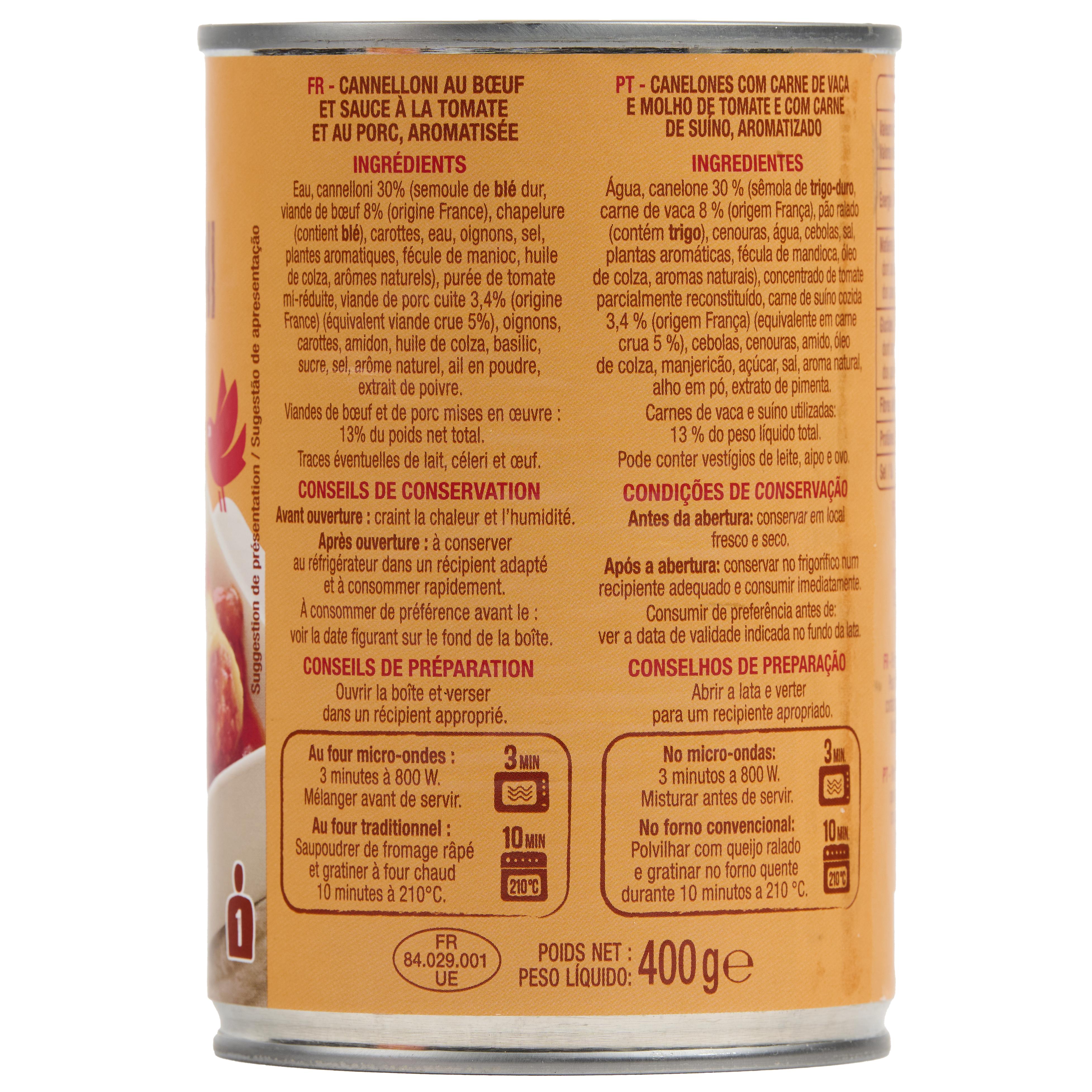 Voir la diapositive 4 : AUCHAN Cannelloni pur bœuf viande bovine origine France 1 personne 400g