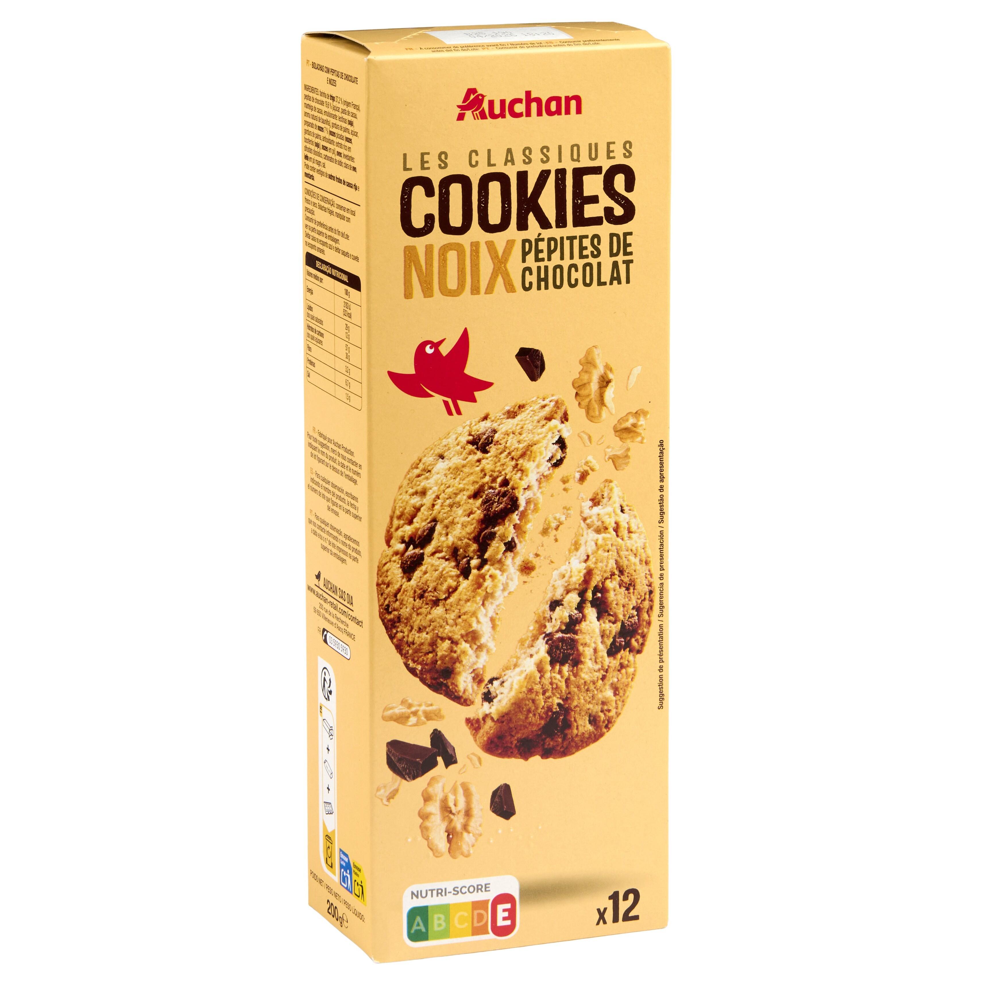 Voir la diapositive 2 : AUCHAN Cookies aux pépites de chocolat et aux noix 12 biscuits 200g