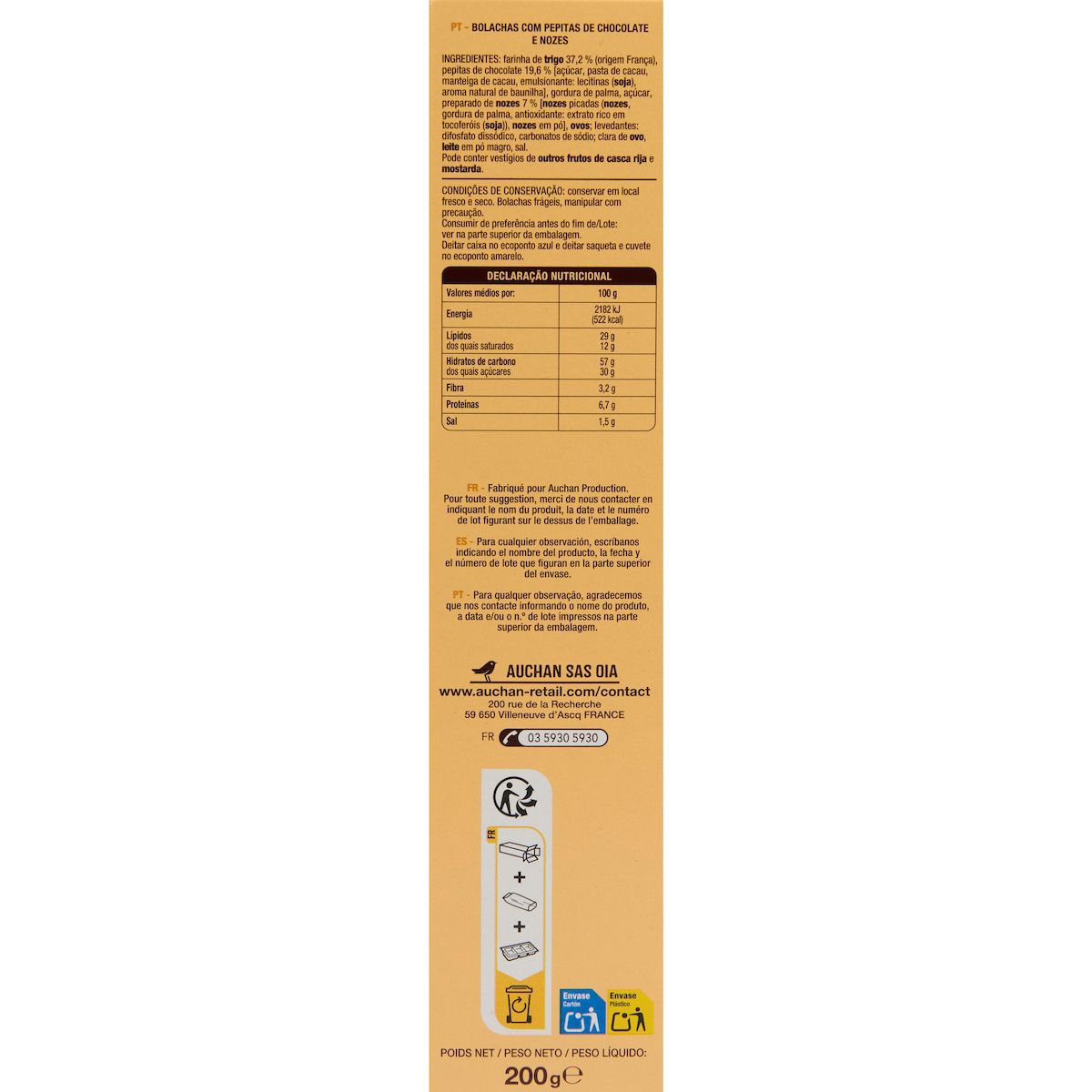 AUCHAN Cookies aux pépites de chocolat et aux noix 12 biscuits 200g