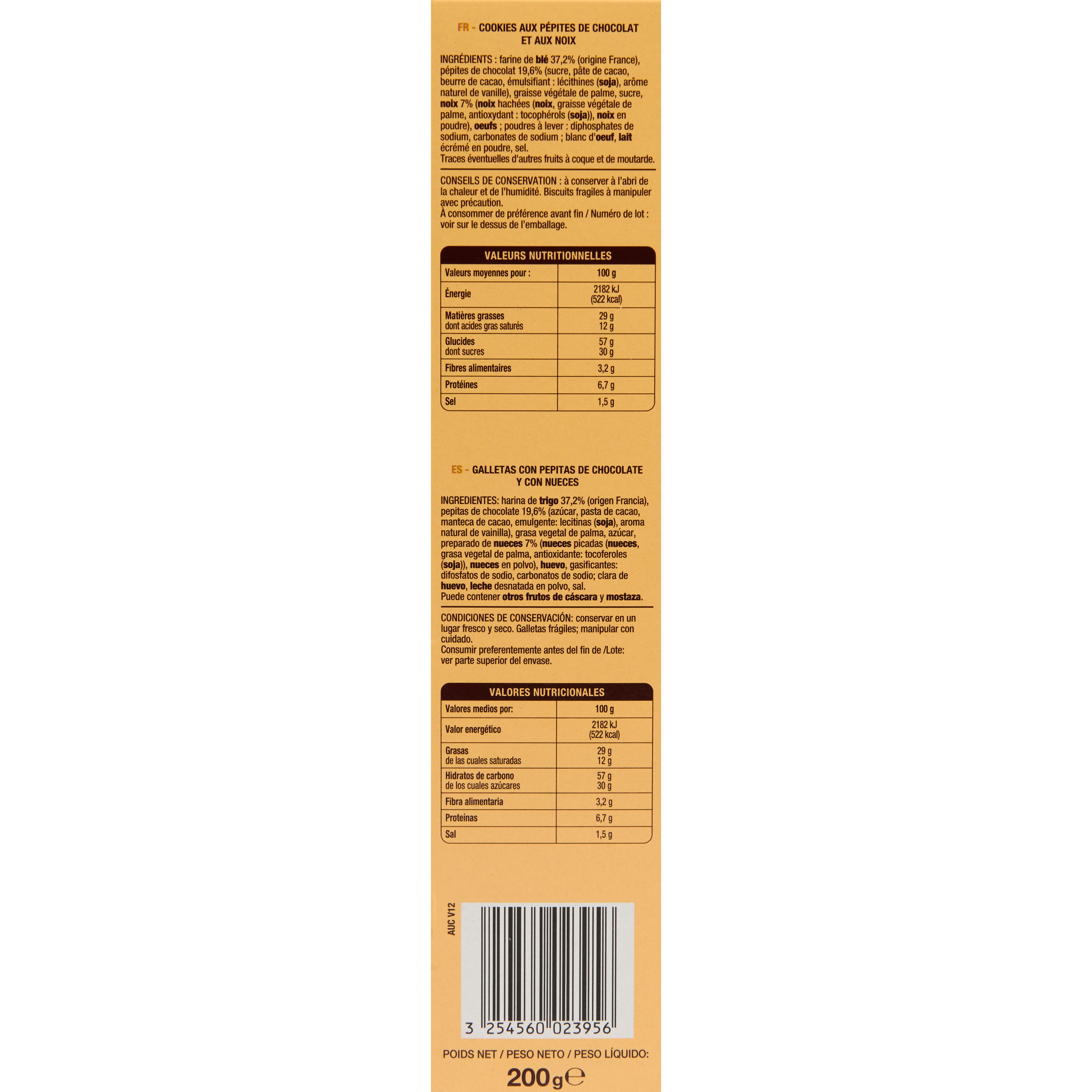 Voir la diapositive 3 : AUCHAN Cookies aux pépites de chocolat et aux noix 12 biscuits 200g