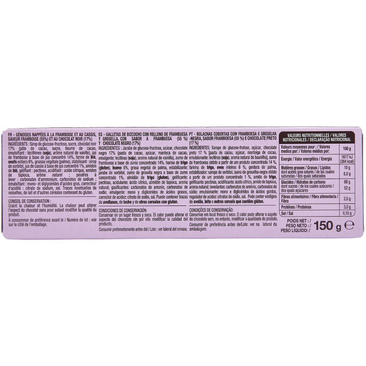 AUCHAN Génoises nappées de chocolat noir saveur framboise 12 biscuits 150g