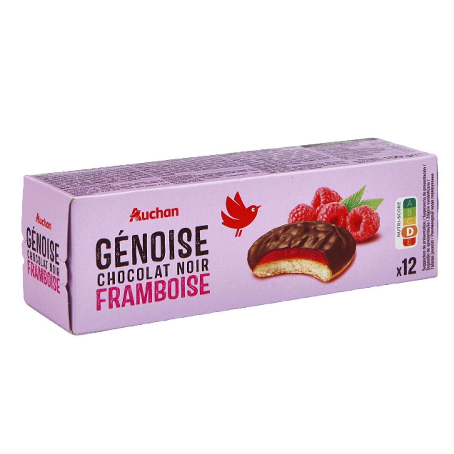 Voir la diapositive 3 : AUCHAN Génoises nappées de chocolat noir saveur framboise 12 biscuits 150g