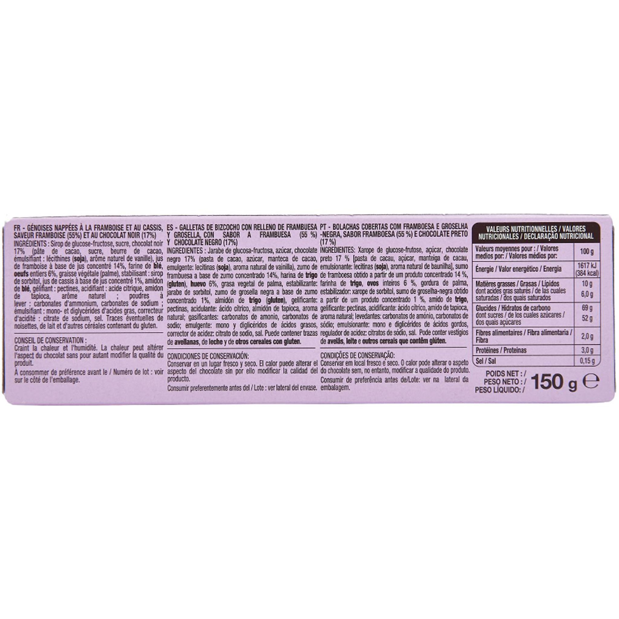 Voir la diapositive 5 : AUCHAN Génoises nappées de chocolat noir saveur framboise 12 biscuits 150g