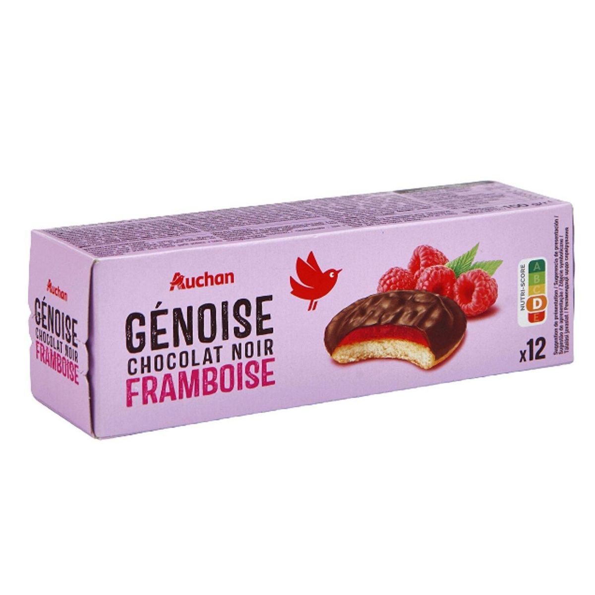 AUCHAN Génoises nappées de chocolat noir saveur framboise 12 biscuits 150g