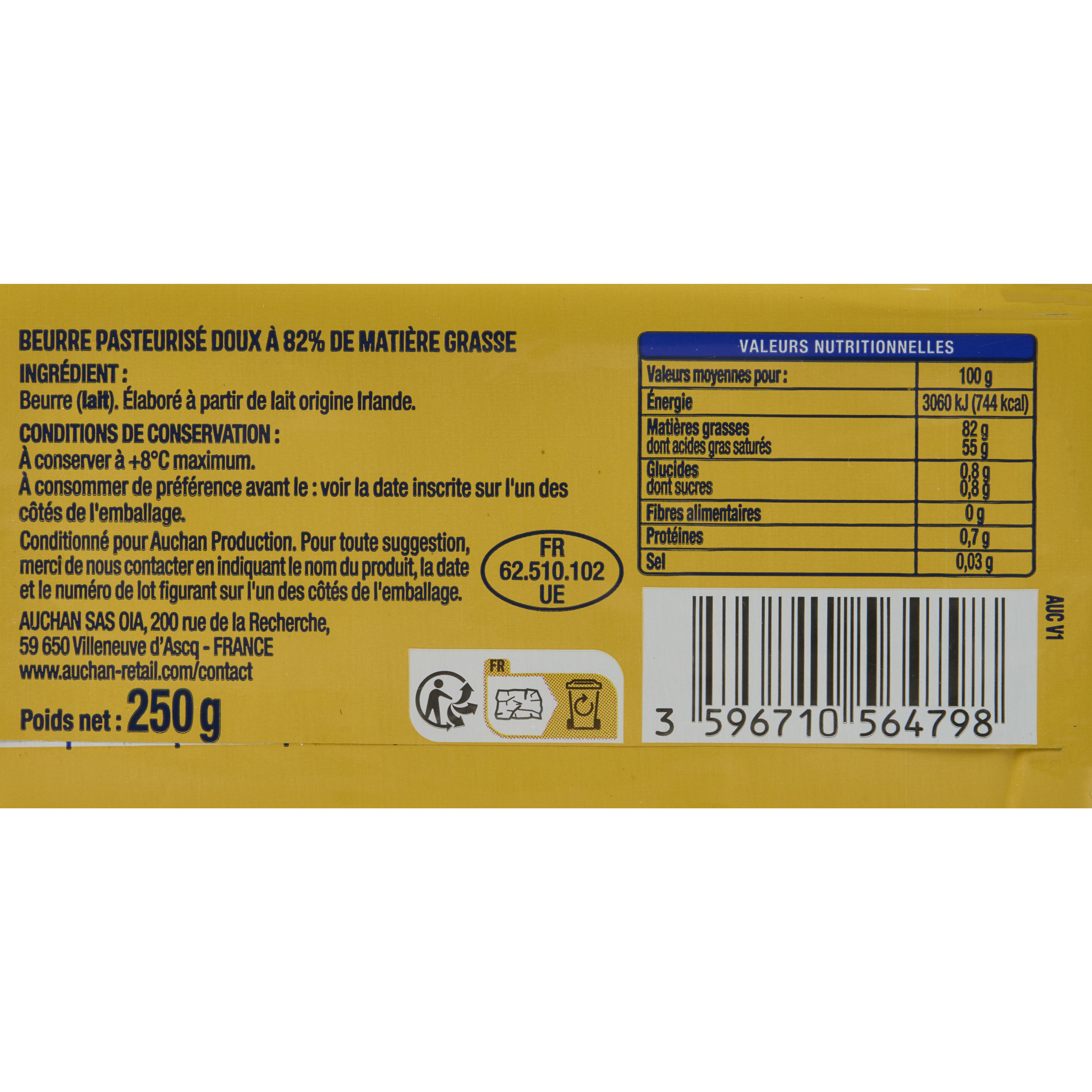 Voir la diapositive 2 : AUCHAN Beurre doux 82.5%MG 250g