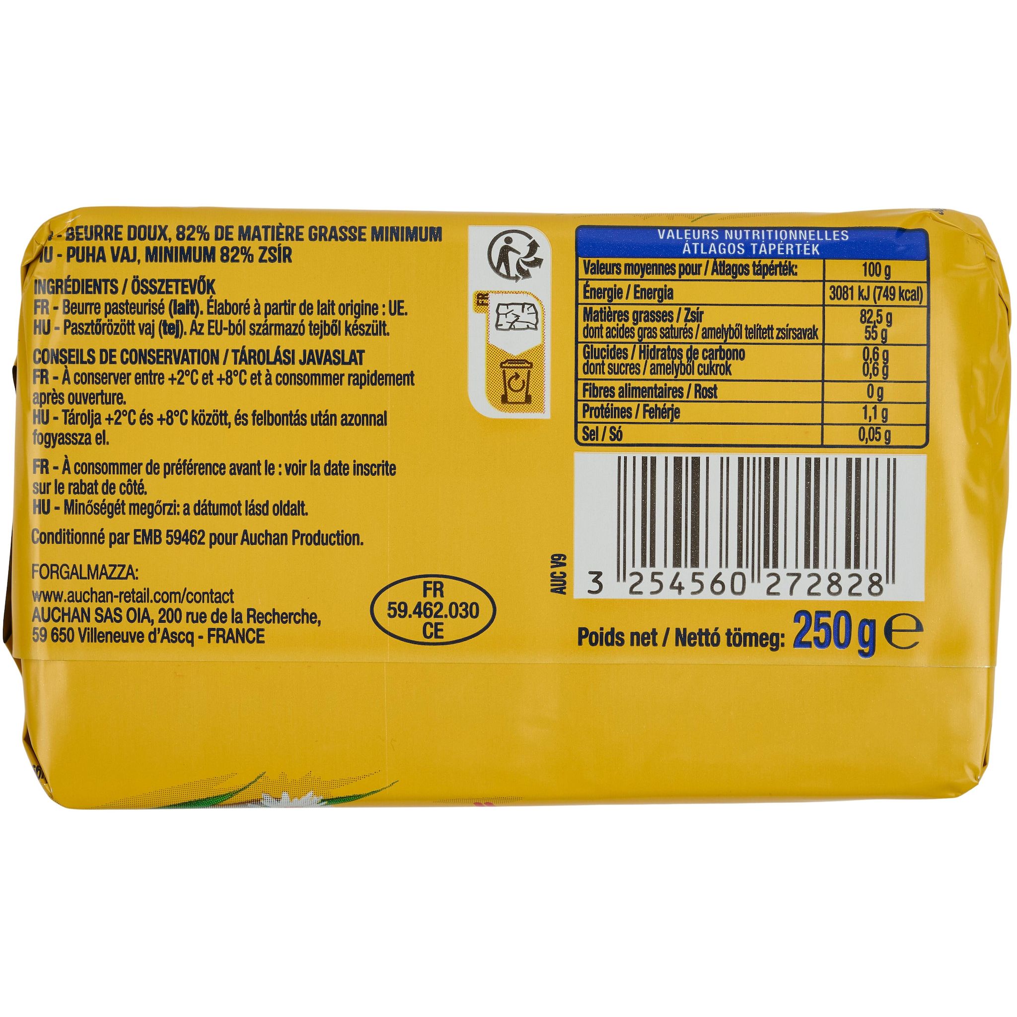 Voir la diapositive 2 : AUCHAN Beurre doux 82.5%MG 250g