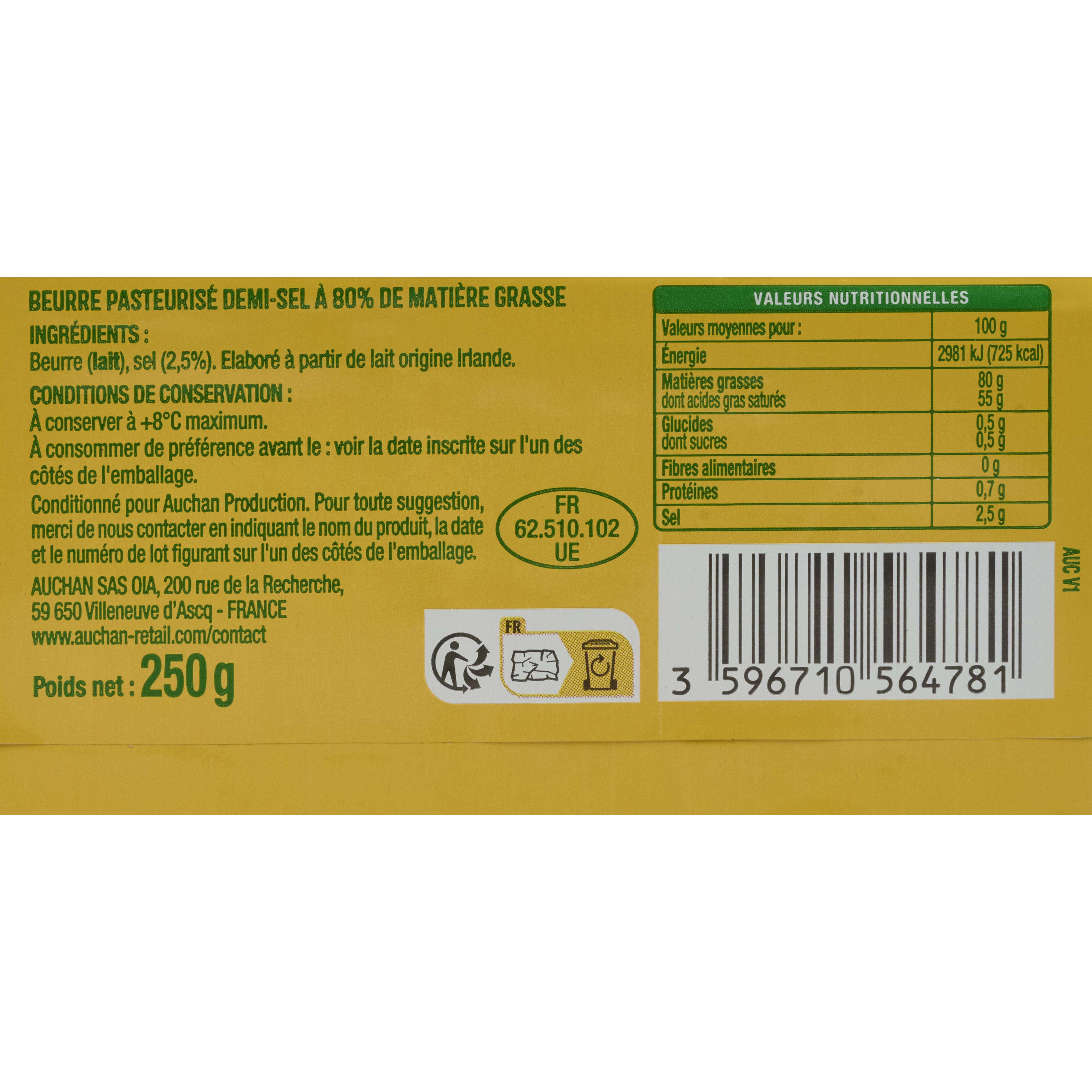 Voir la diapositive 3 : AUCHAN Beurre demi-sel 80.5%MG 250g