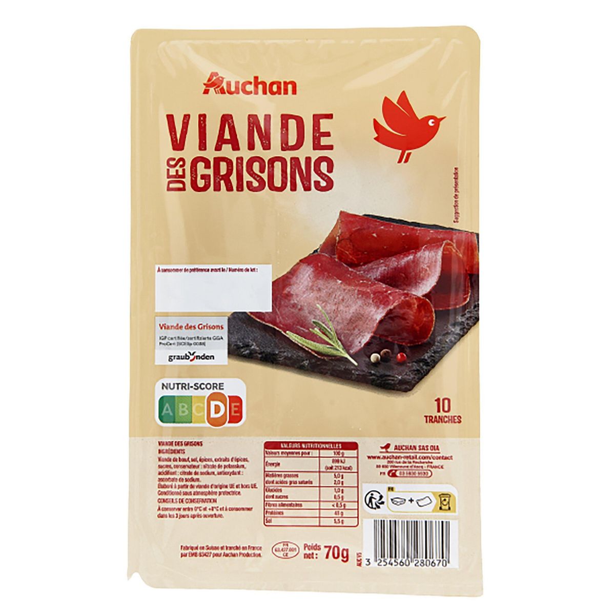 AUCHAN Viande des Grisons 10 tranches 70g