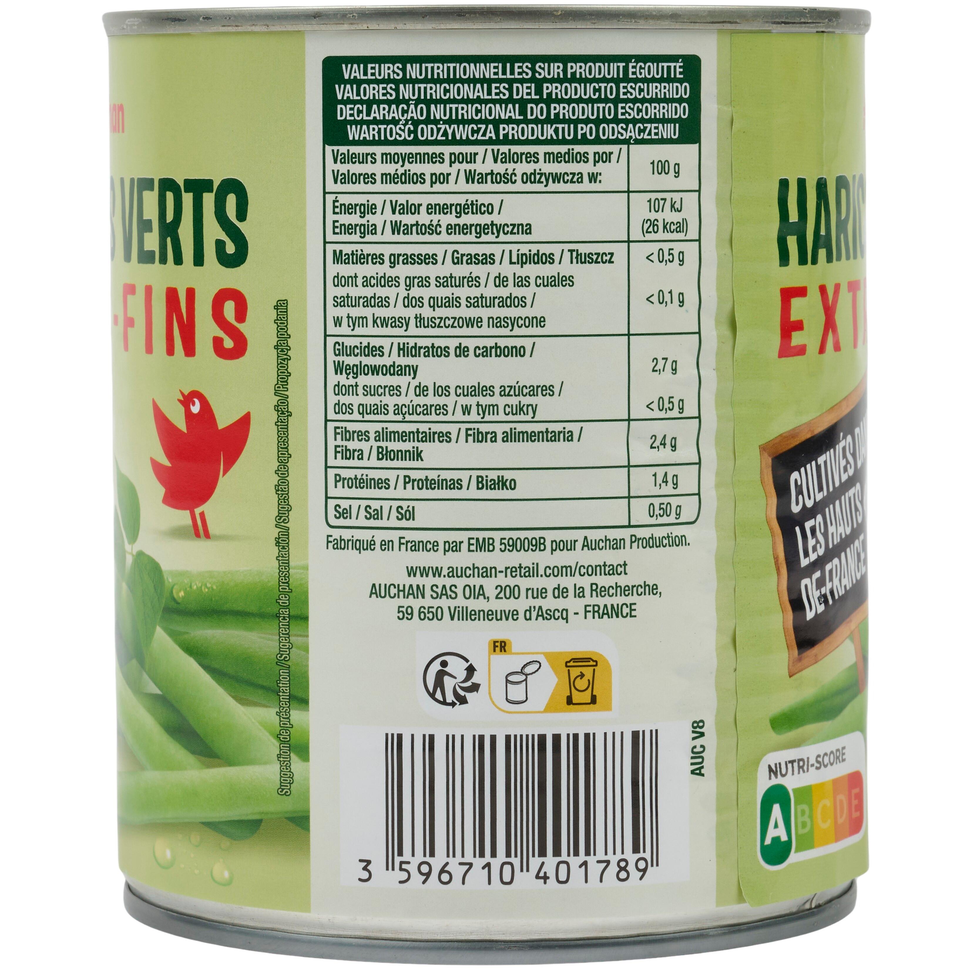 Voir la diapositive 2 : AUCHAN Haricots verts extra fins 440g