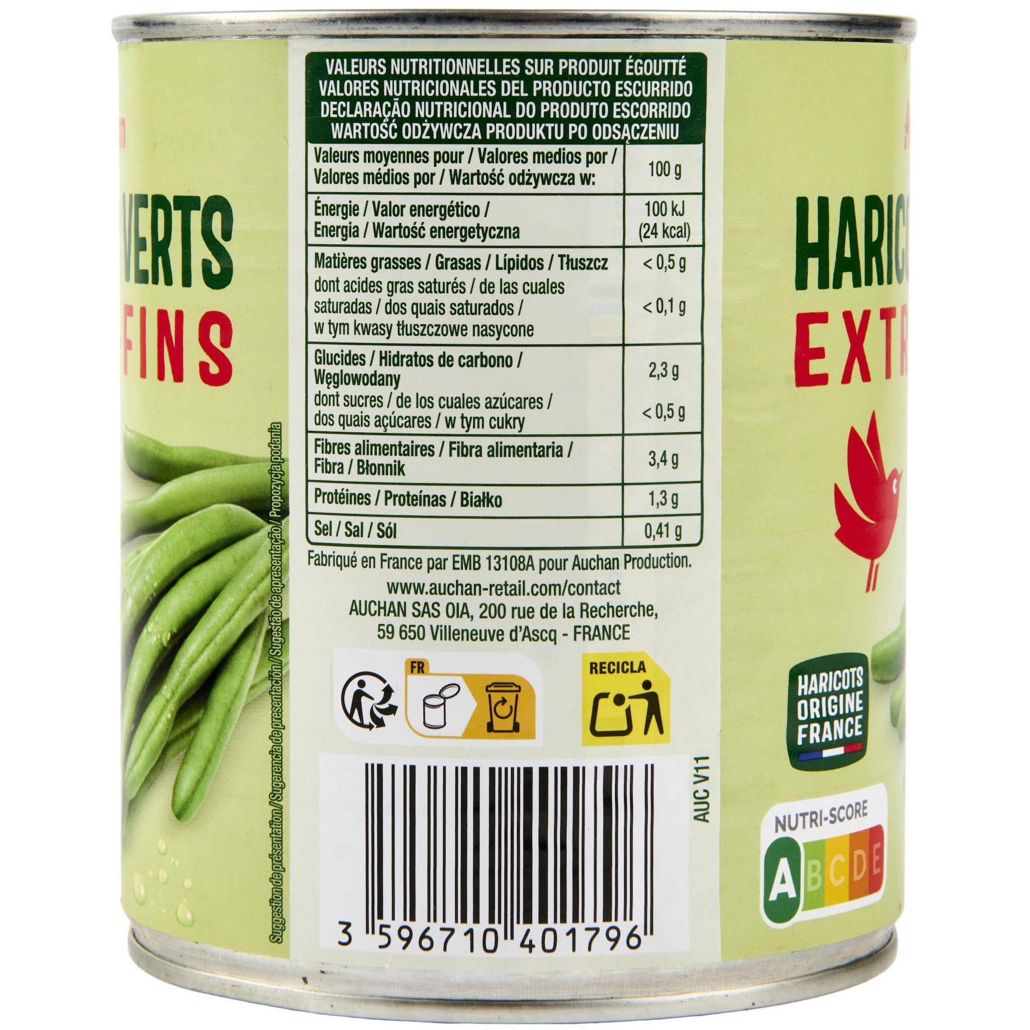 Voir la diapositive 2 : AUCHAN Haricots verts extra fins 440g
