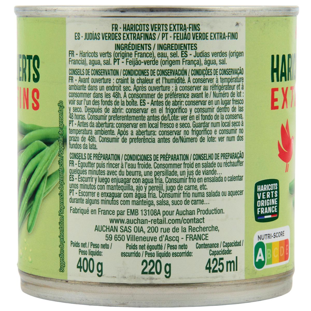 AUCHAN Haricots verts extra-fins 220g