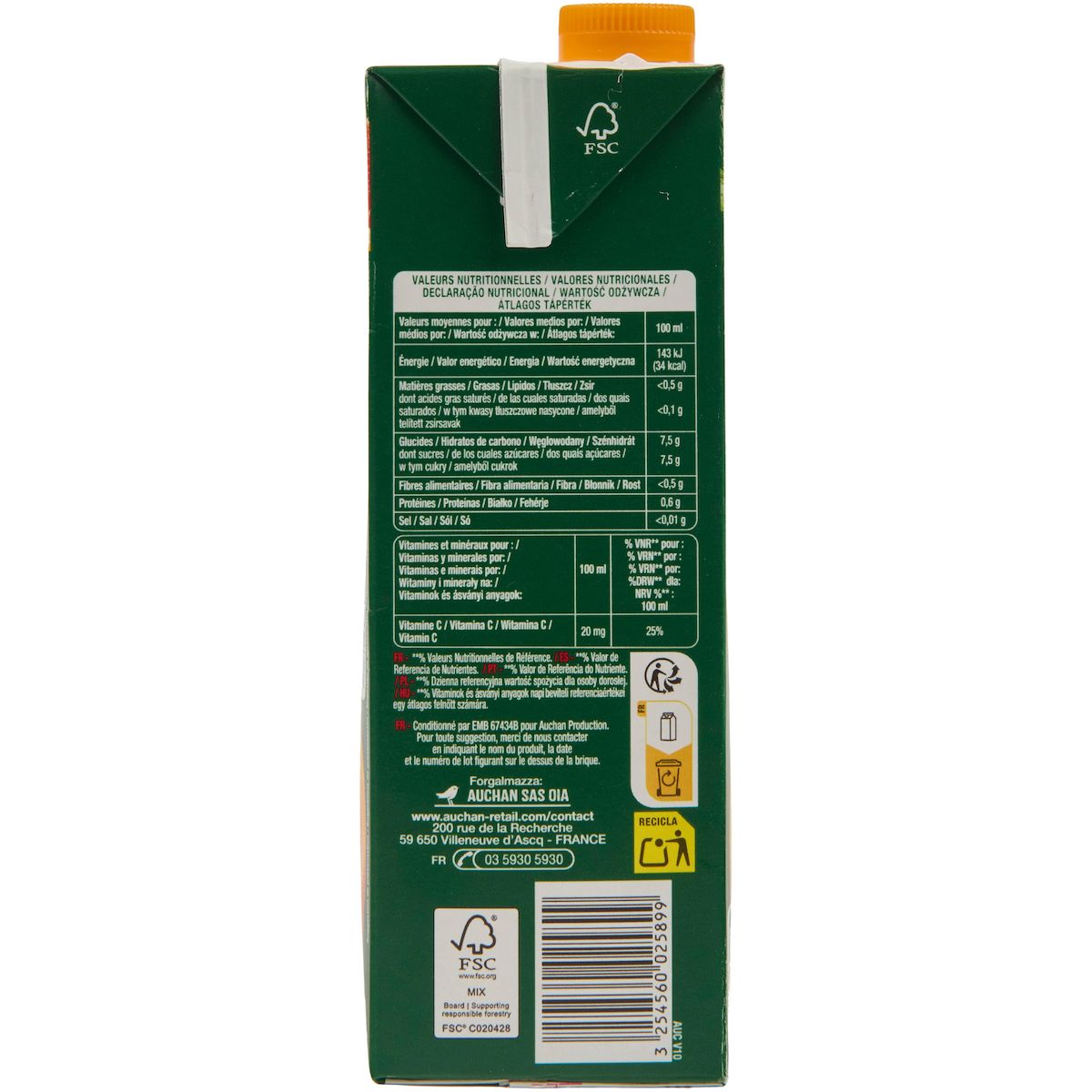 AUCHAN Jus de pamplemousse rose à base de concentré brique 1l