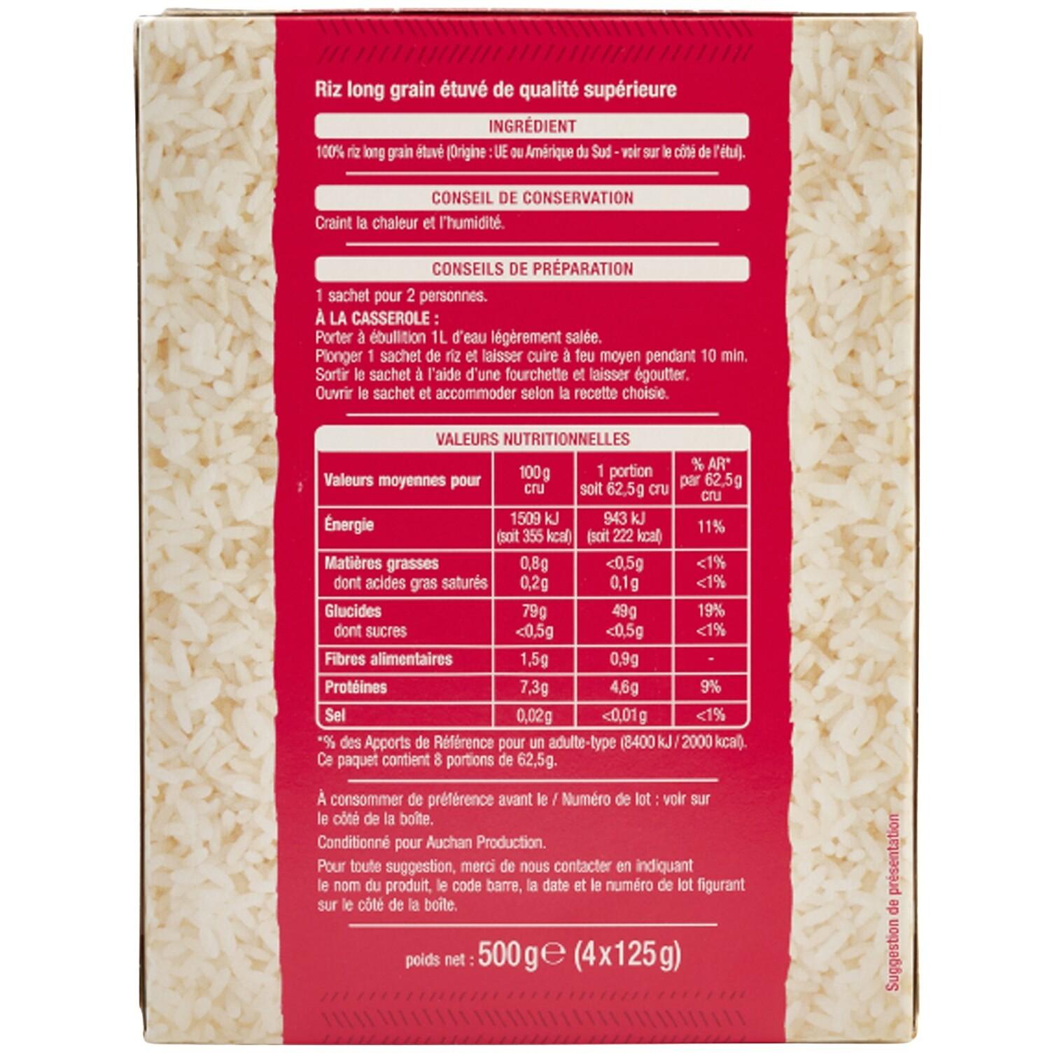 Voir la diapositive 2 : AUCHAN Riz long grain incollable sachets cuisson prêt en 10 min 4 sachets 4x125G