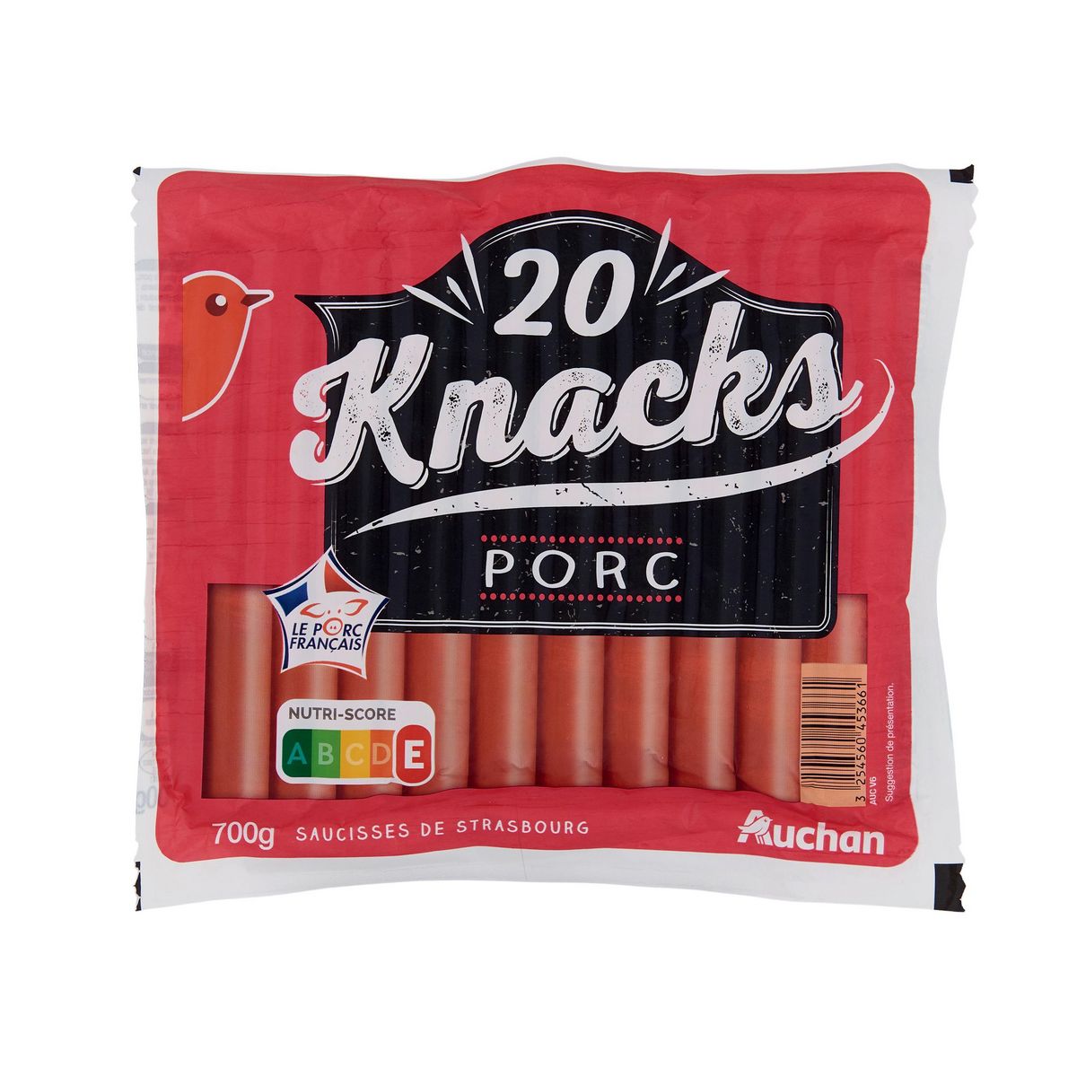 AUCHAN Knacks Saucisses de Strasbourg pur porc 20 pièces 700g