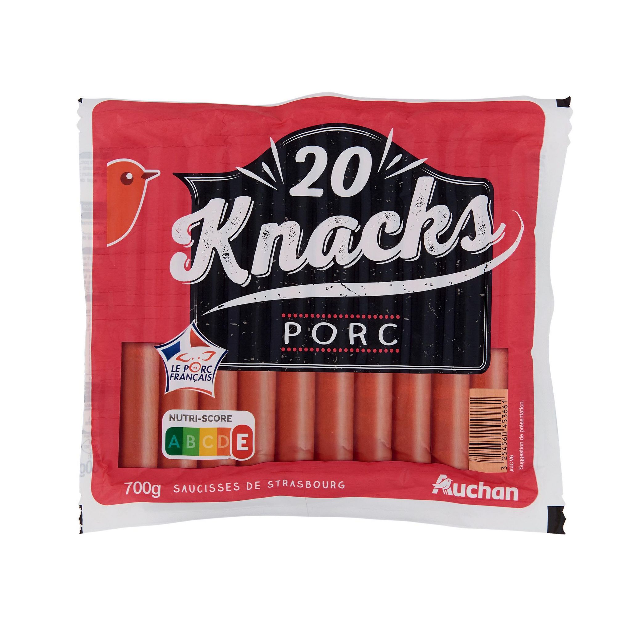 Voir la diapositive 2 : AUCHAN Knacks Saucisses de Strasbourg pur porc 20 pièces 700g