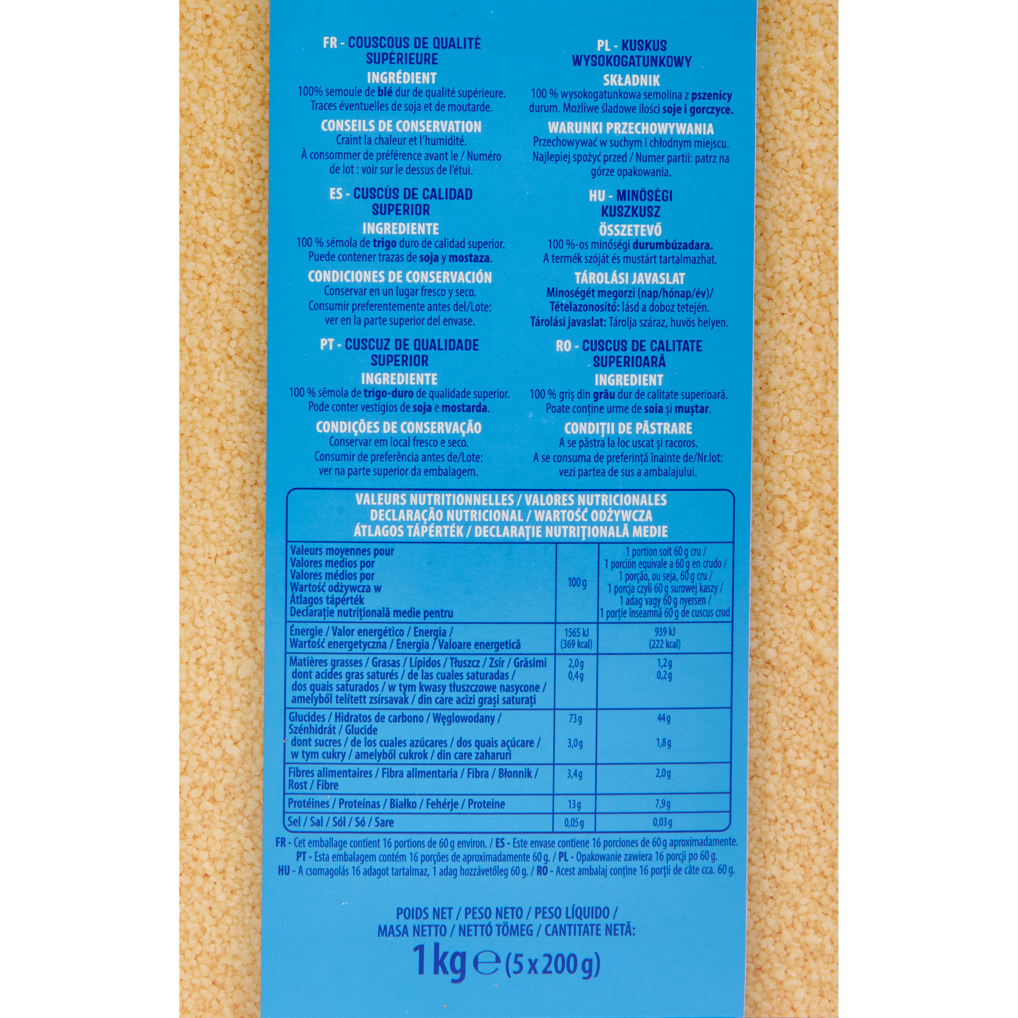Voir la diapositive 2 : AUCHAN Graine de couscous moyen, sachet cuissson prêt en 1min 5 sachets 5x200g