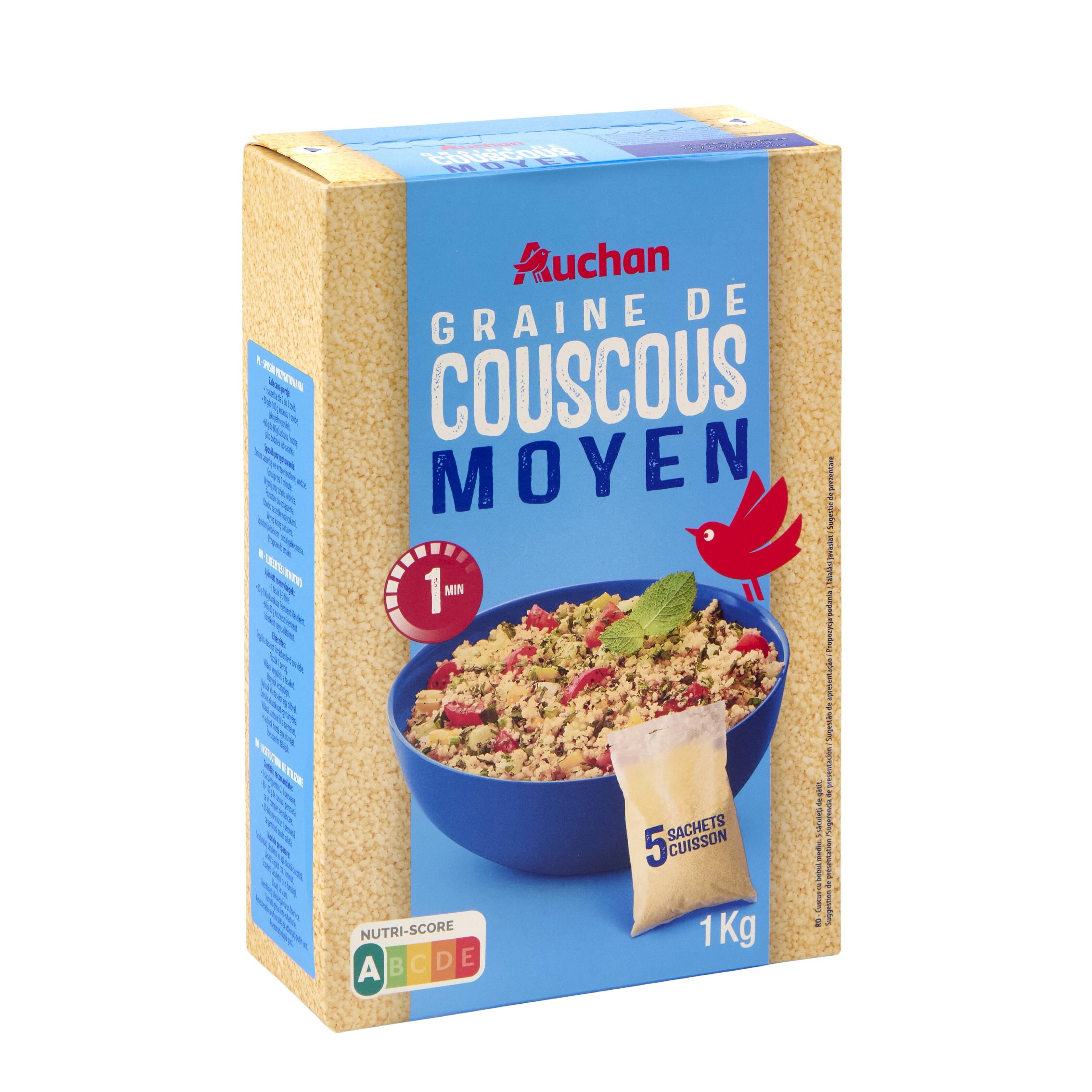 Voir la diapositive 3 : AUCHAN Graine de couscous moyen, sachet cuissson prêt en 1min 5 sachets 5x200g
