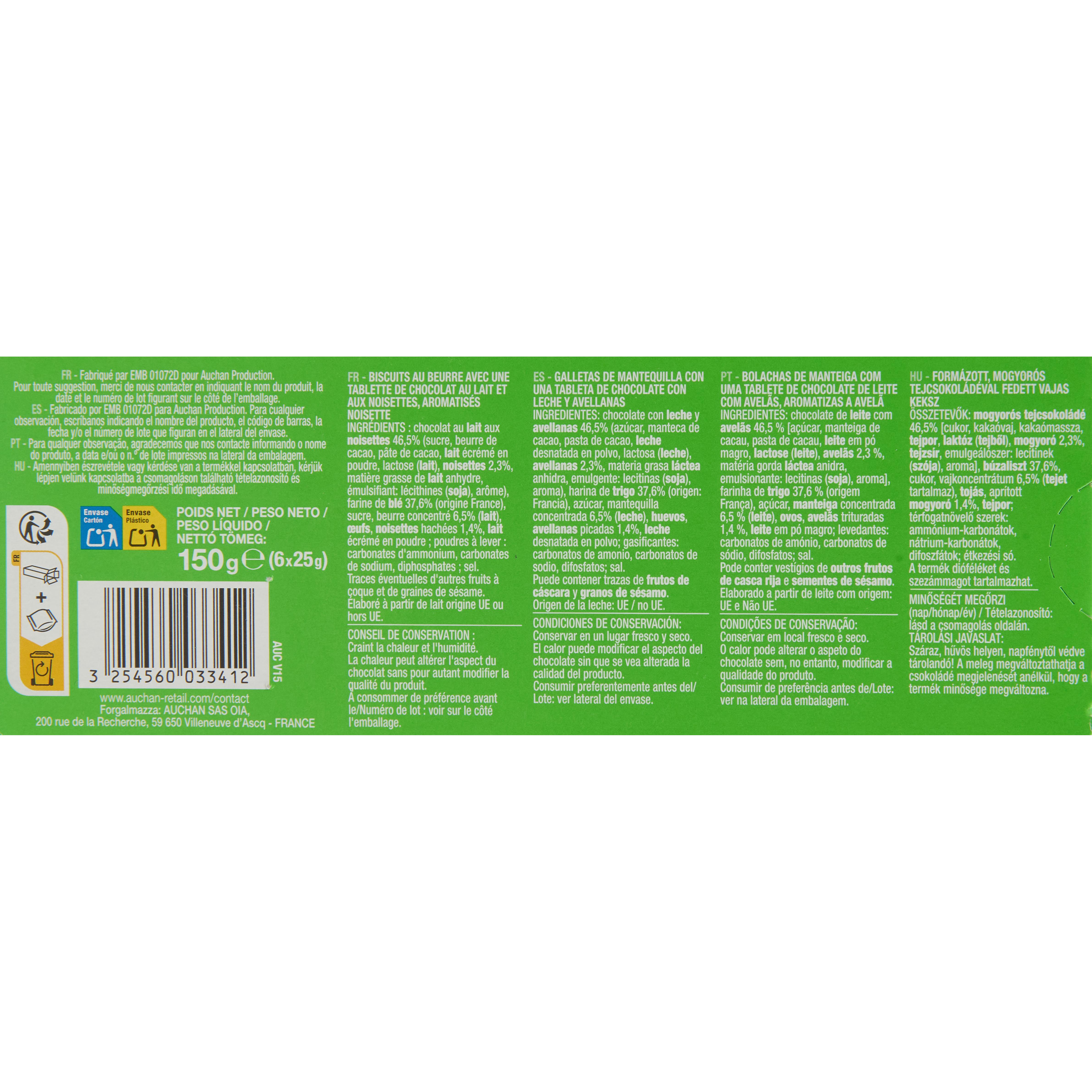 Voir la diapositive 2 : AUCHAN Petits beurre avec tablette de chocolat saveur noisettes sachets fraîcheur 4x4 biscuits 150g