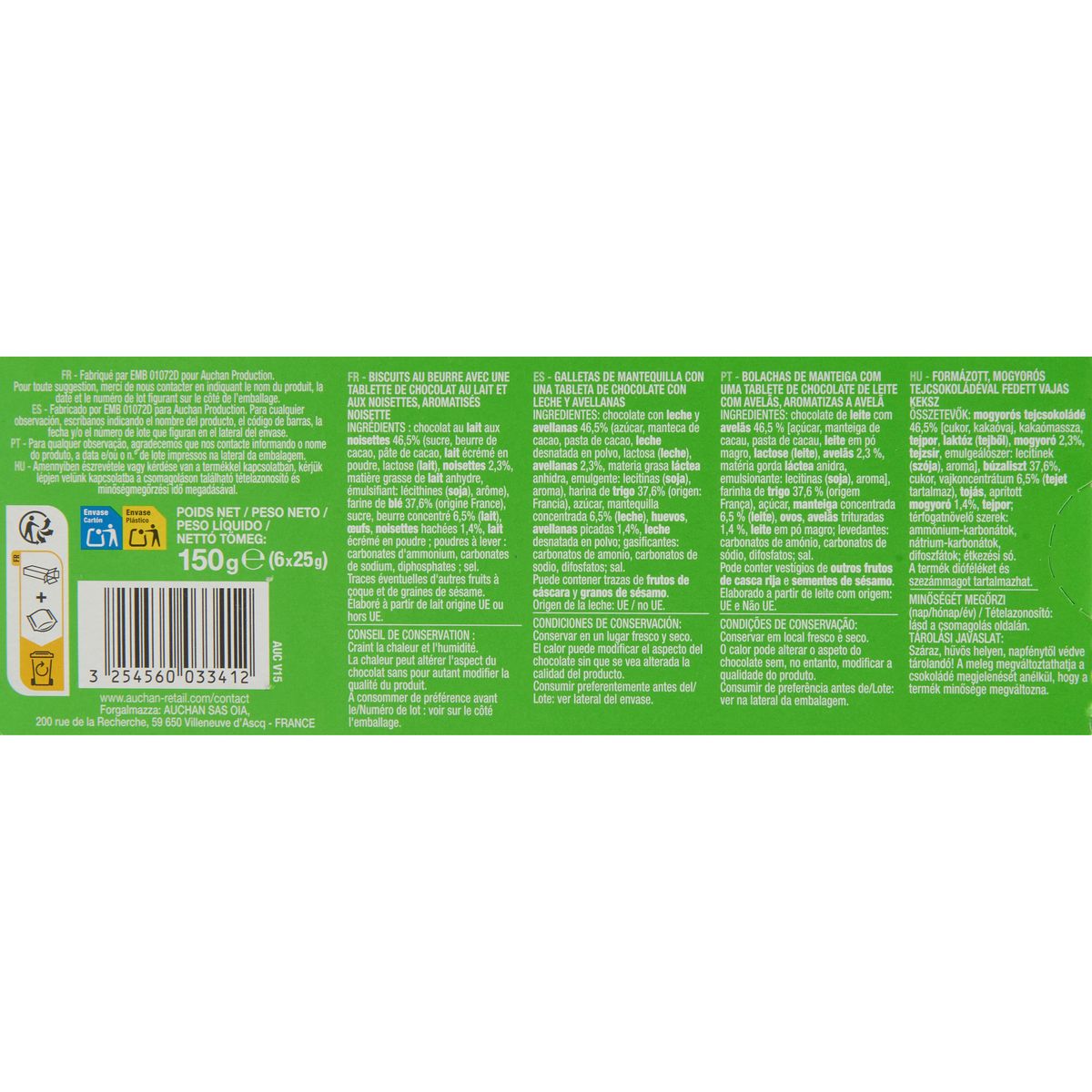 AUCHAN Petits beurre avec tablette de chocolat saveur noisettes sachets fraîcheur 4x4 biscuits 150g