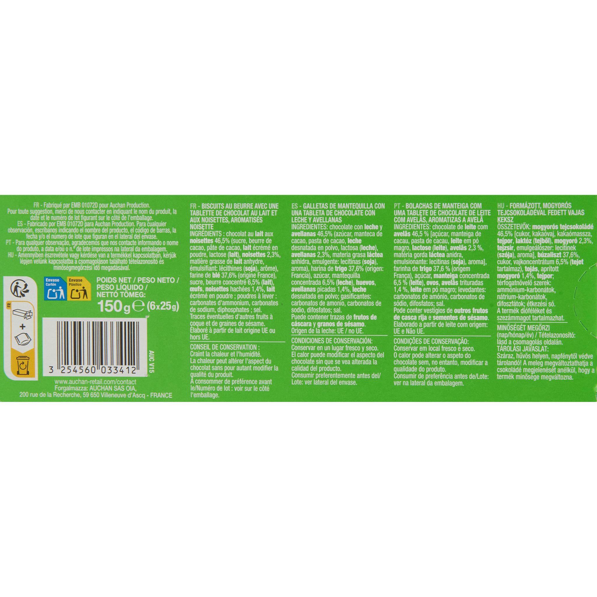 Voir la diapositive 2 : AUCHAN Petits beurre avec tablette de chocolat saveur noisettes sachets fraîcheur 4x4 biscuits 150g