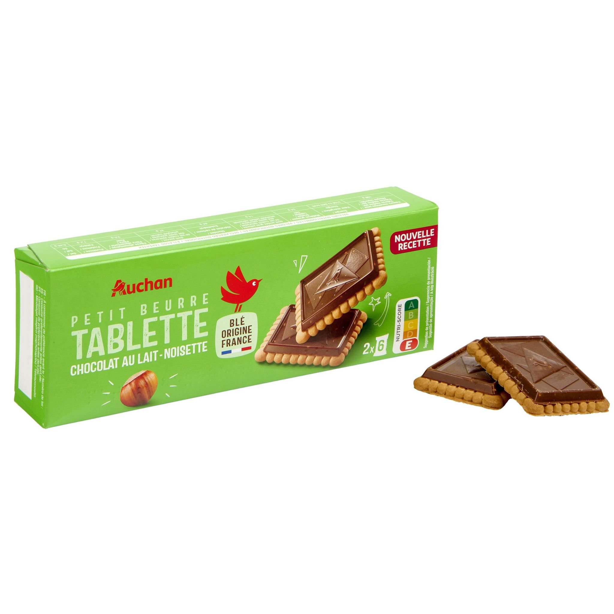 Voir la diapositive 3 : AUCHAN Petits beurre avec tablette de chocolat saveur noisettes sachets fraîcheur 4x4 biscuits 150g
