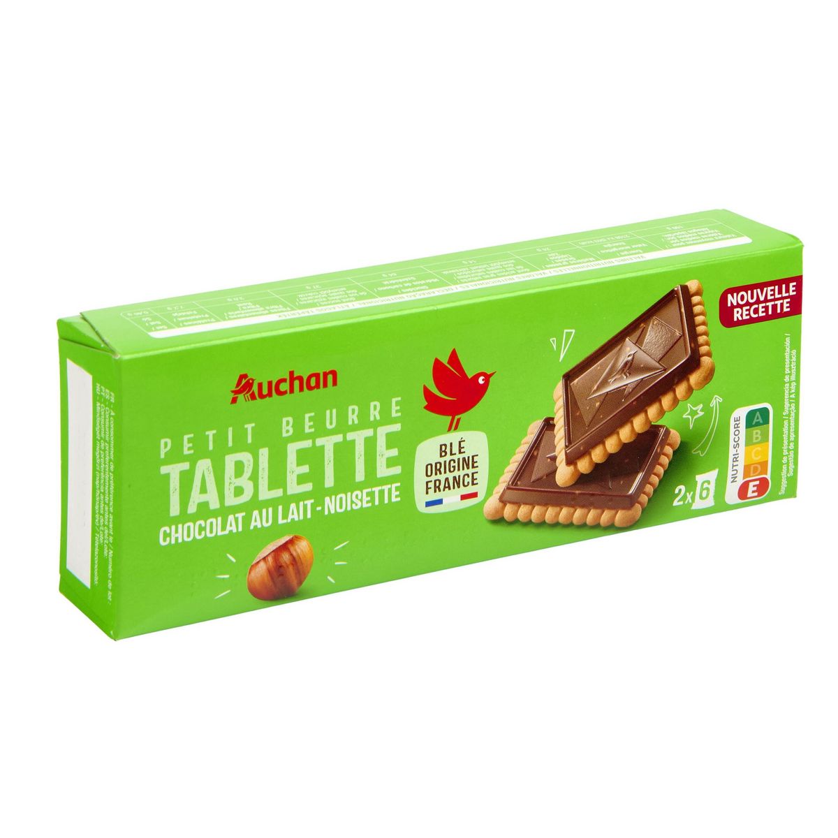 AUCHAN Petits beurre avec tablette de chocolat saveur noisettes sachets fraîcheur 4x4 biscuits 150g