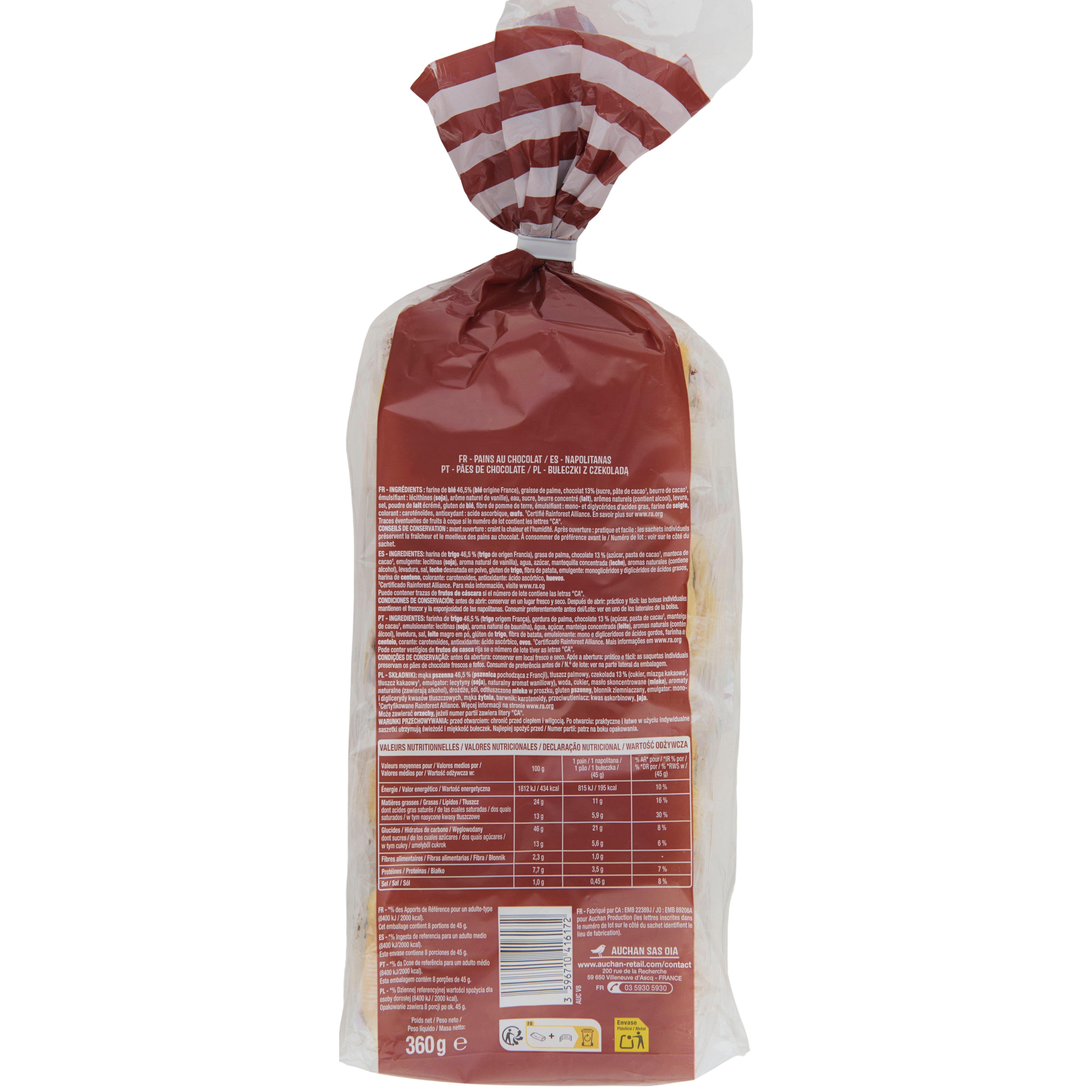 Voir la diapositive 2 : AUCHAN Pains au chocolat 8 pièces 360g