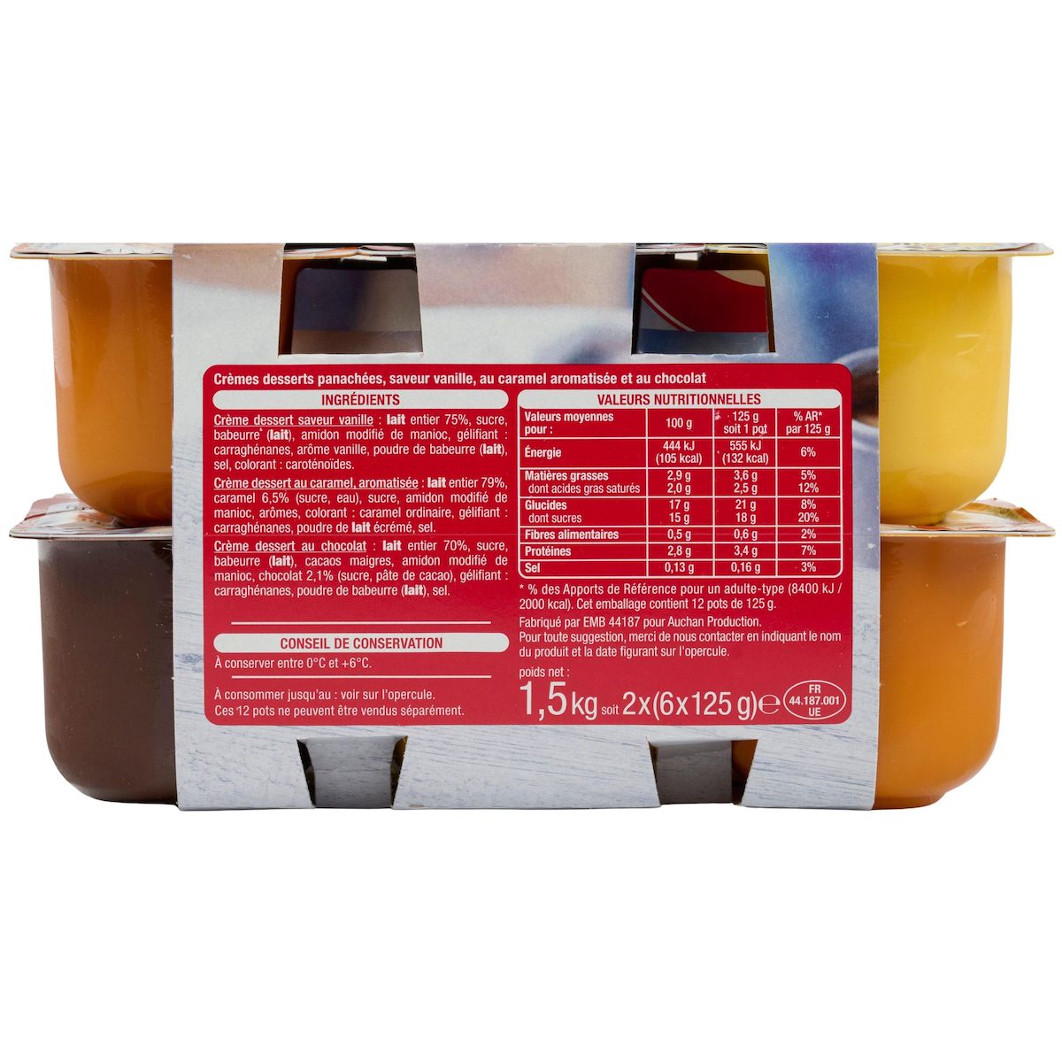 AUCHAN Crème dessert au chocolat à la vanille et au caramel 12x125g