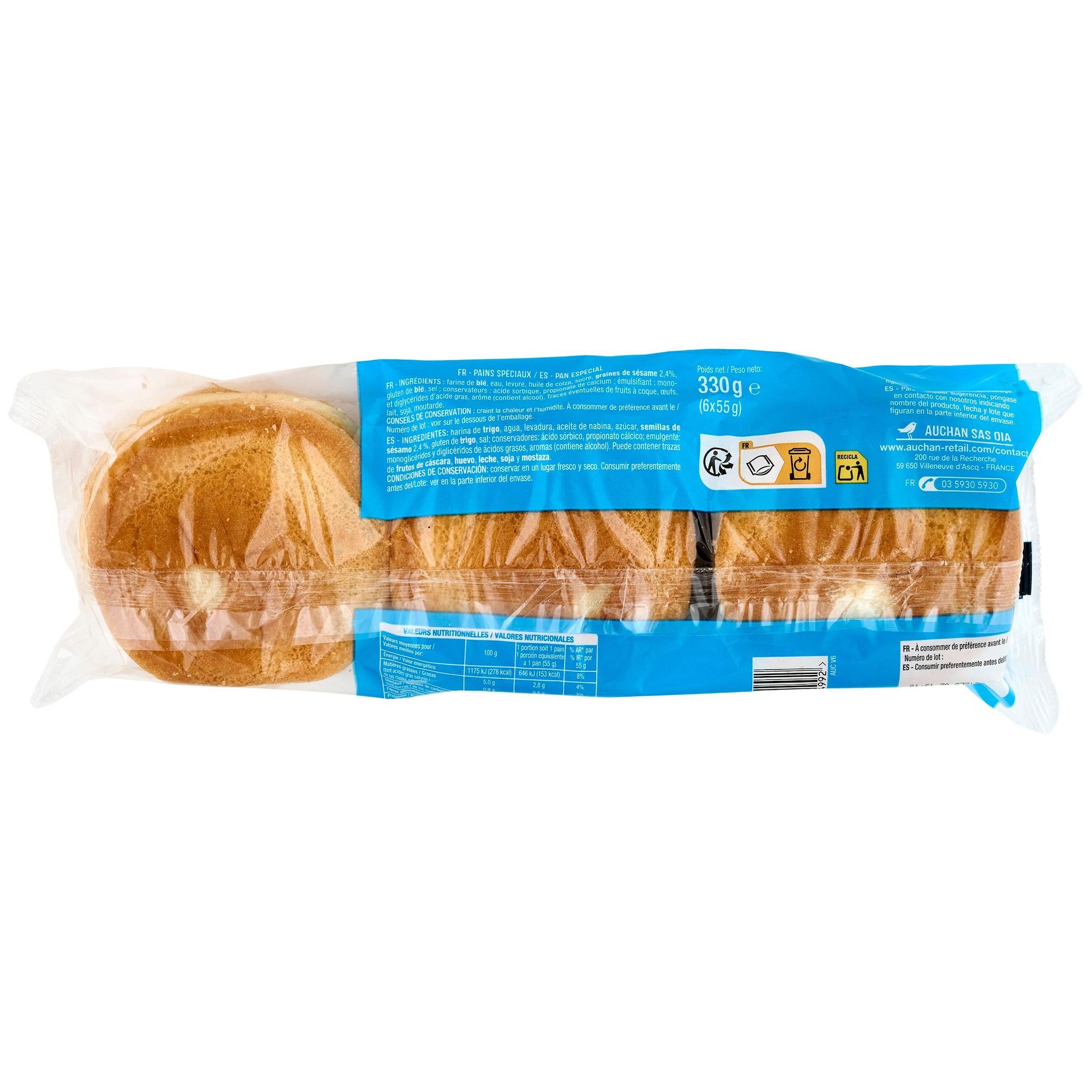 Voir la diapositive 5 : AUCHAN Pain burger classique 6 pièces 330g