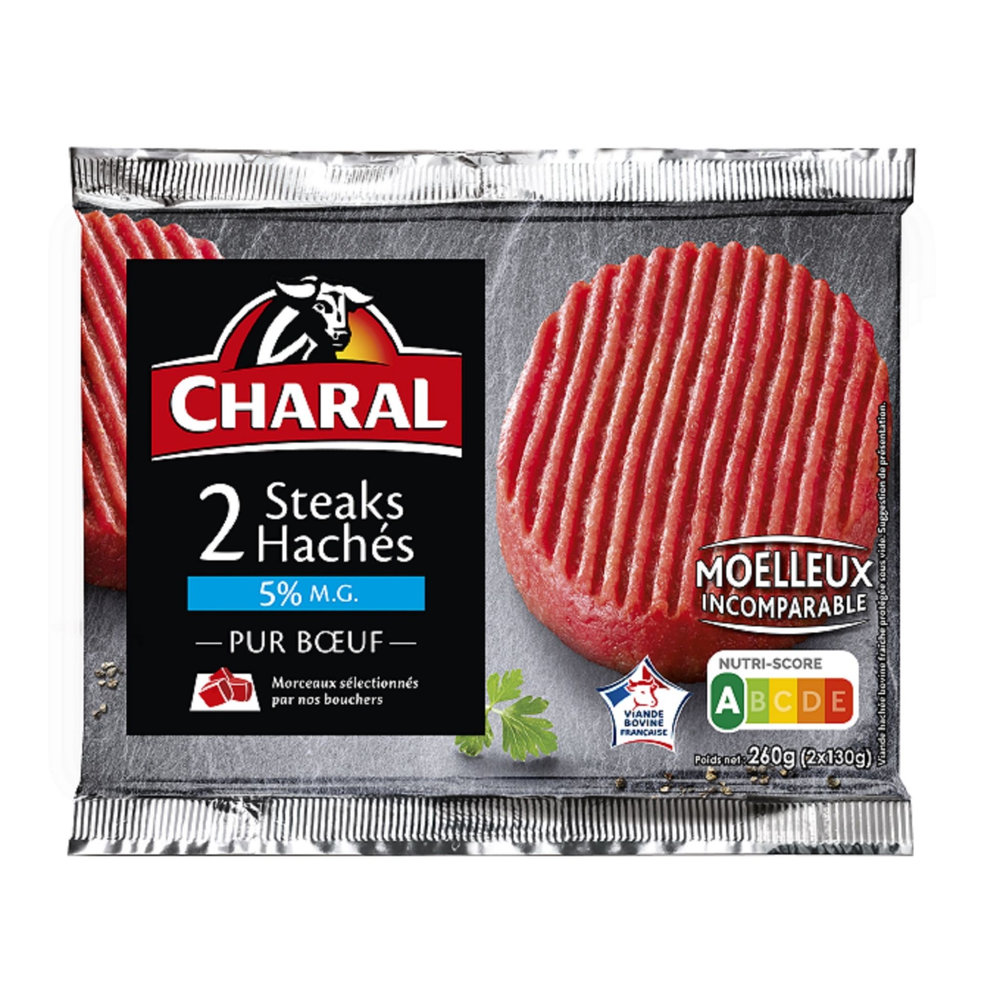 Voir la diapositive 2 : CHARAL Steaks Hachés Pur Bœuf 5%mg 2 pièces 260g