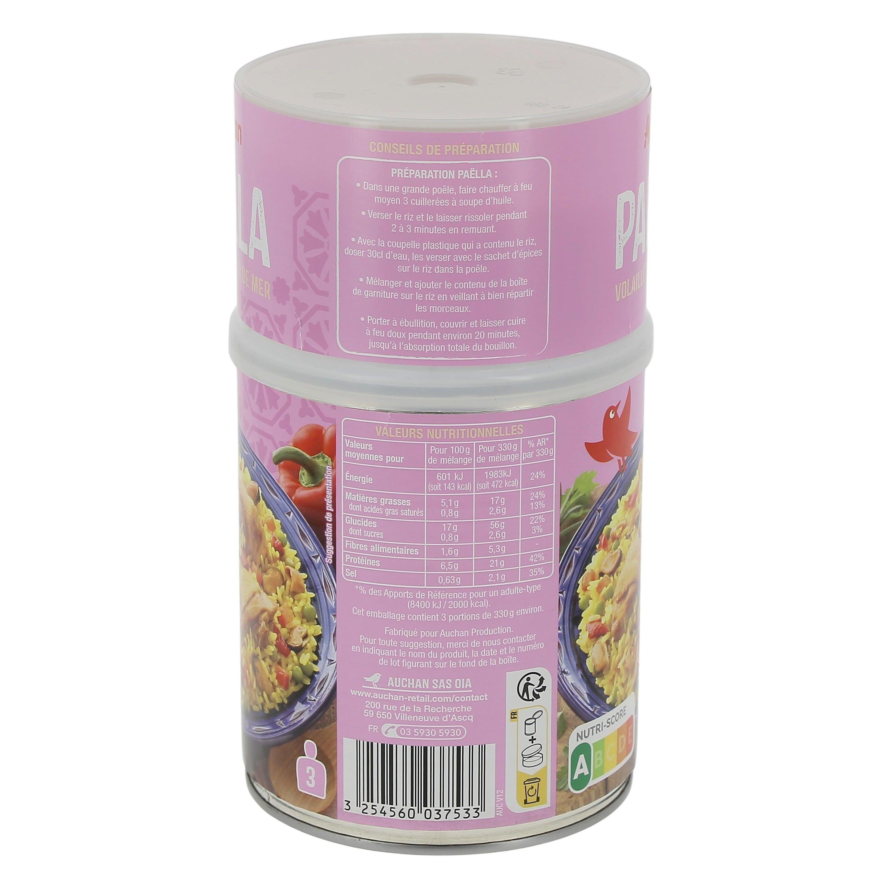 Voir la diapositive 2 : AUCHAN Paëlla volaille et fruits de mer 3 personnes 1kg