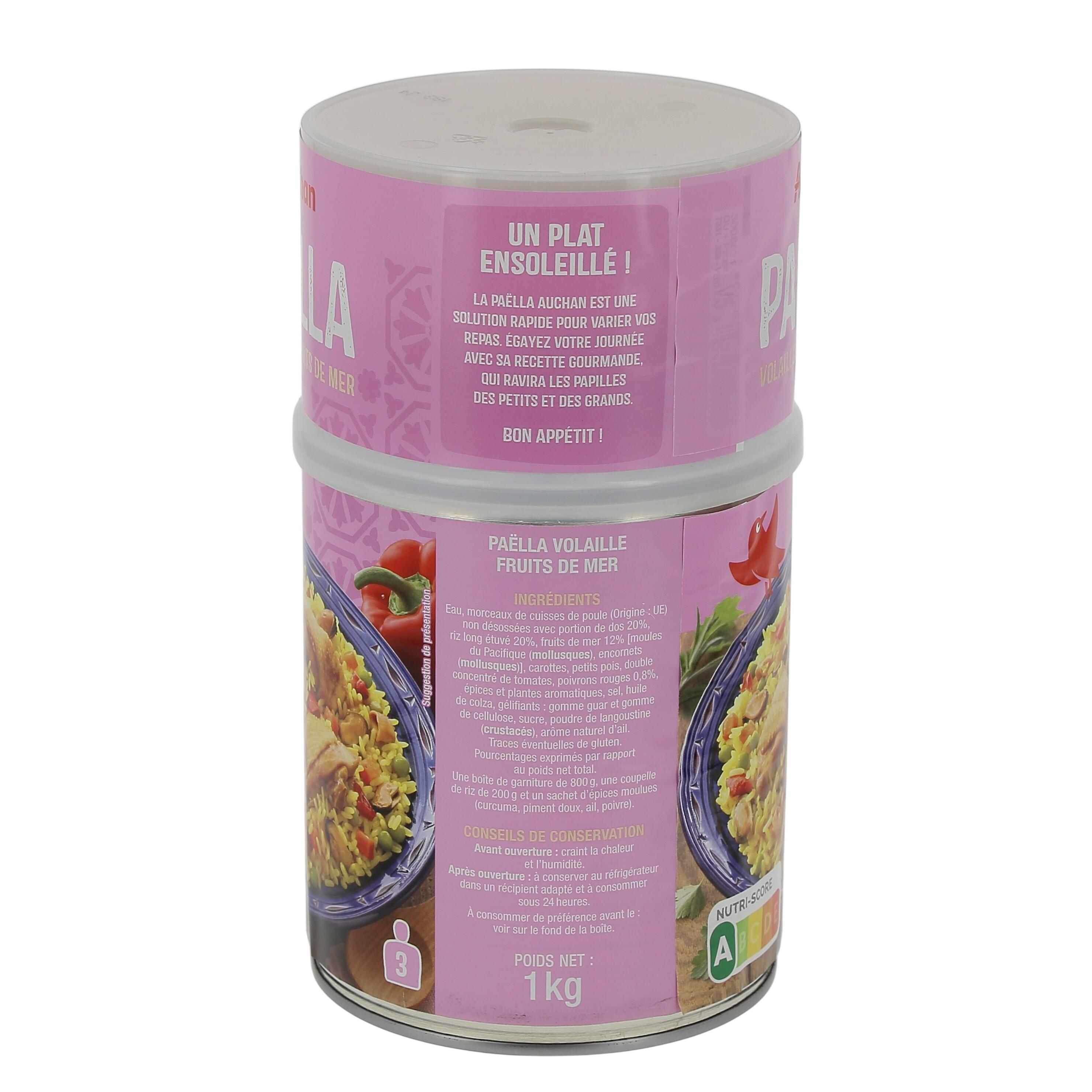 Voir la diapositive 4 : AUCHAN Paëlla volaille et fruits de mer 3 personnes 1kg