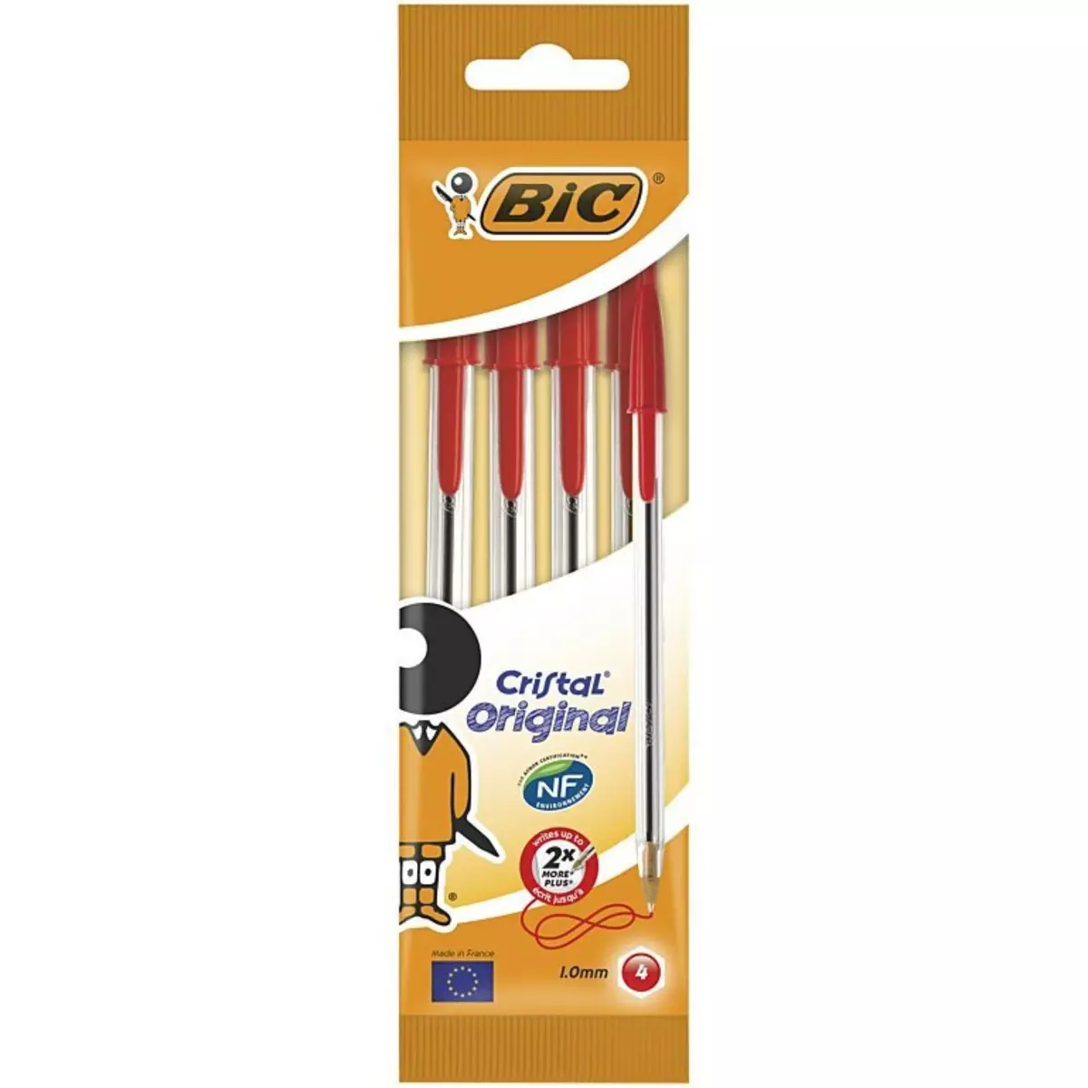 BIC Lot de 4 stylos bille pointe moyenne rouge CRISTAL ORIGINAL