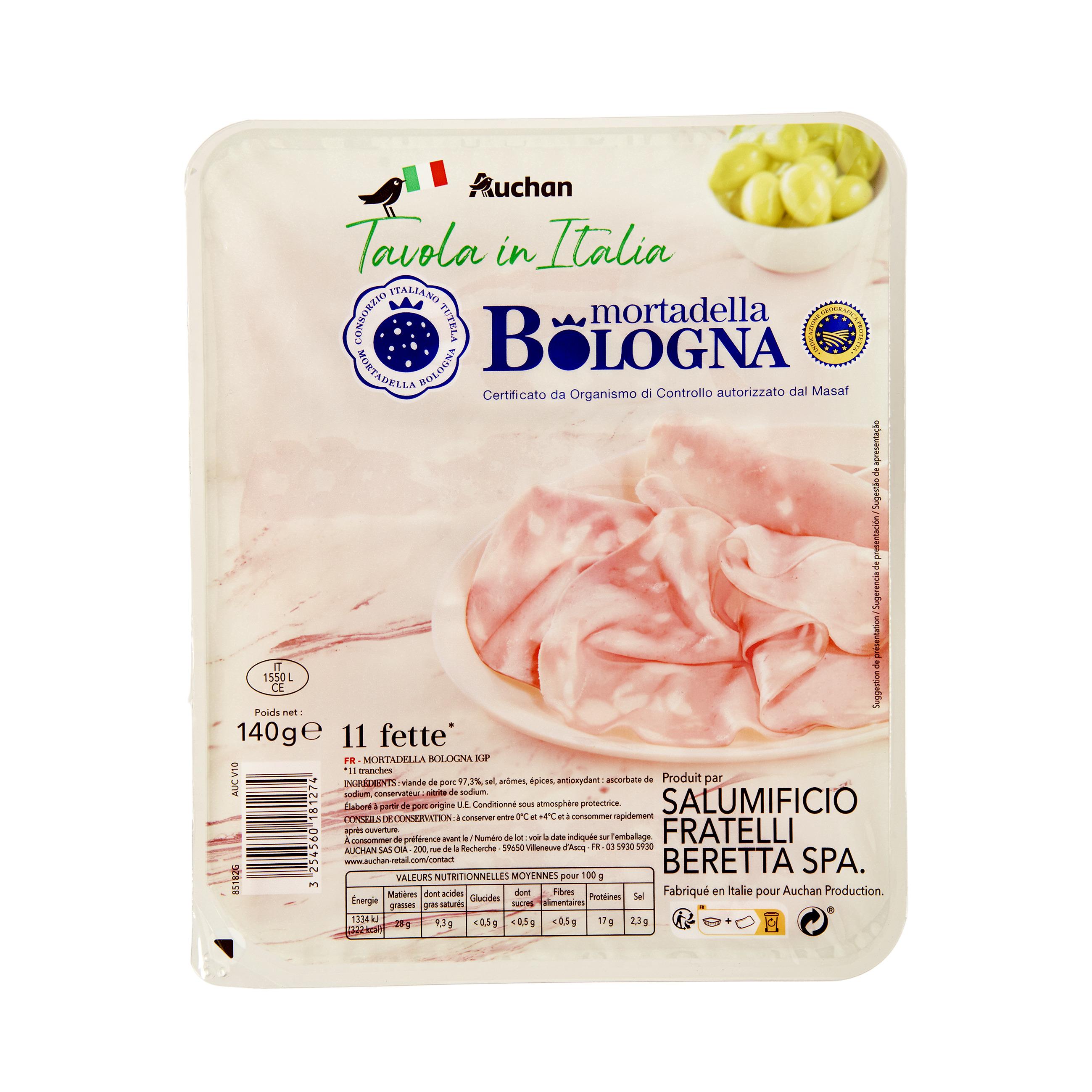 Voir la diapositive 2 : AUCHAN TAVOLA IN ITALIA Mortadelle en tranches IGP 11 tranches 140g