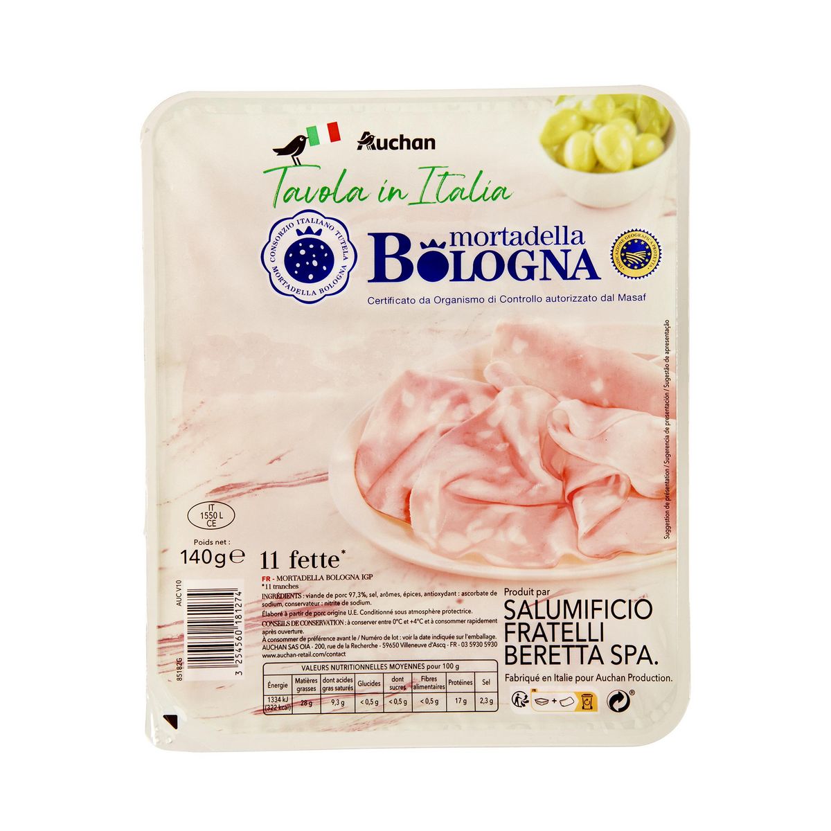 AUCHAN TAVOLA IN ITALIA Mortadelle en tranches IGP 11 tranches 140g