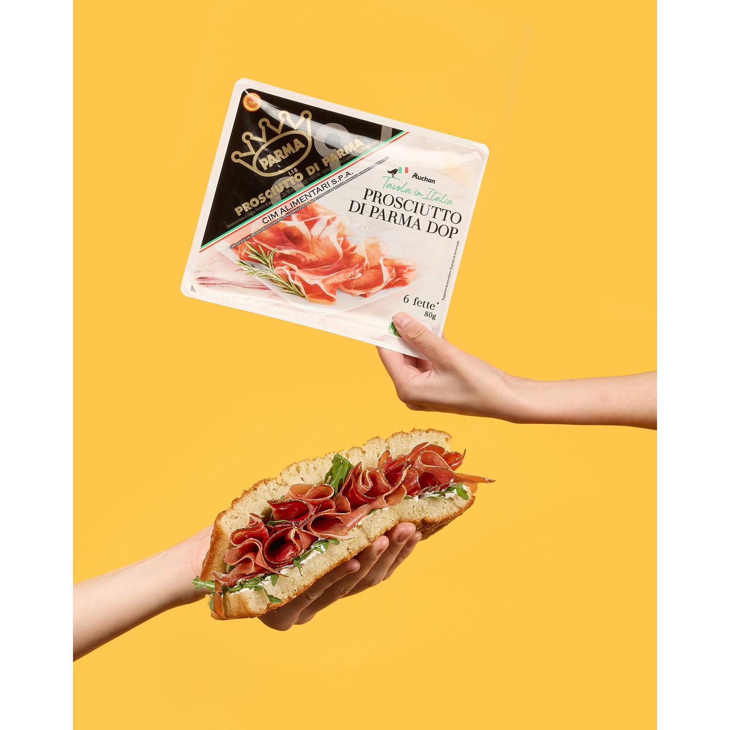 Voir la diapositive 2 : AUCHAN TAVOLA IN ITALIA Jambon sec de Parme AOP 6 tranches 80g
