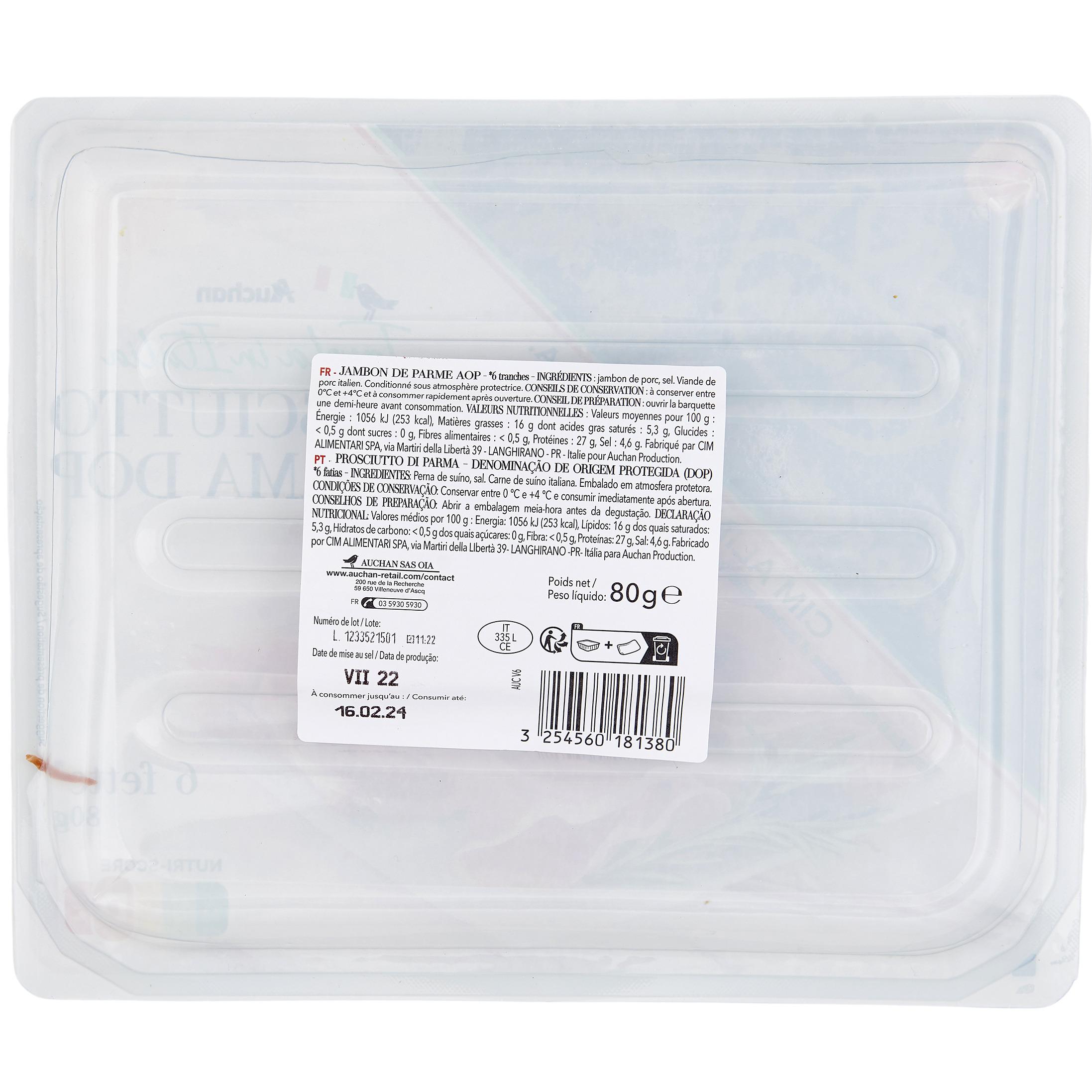 Voir la diapositive 3 : AUCHAN TAVOLA IN ITALIA Jambon sec de Parme AOP 6 tranches 80g