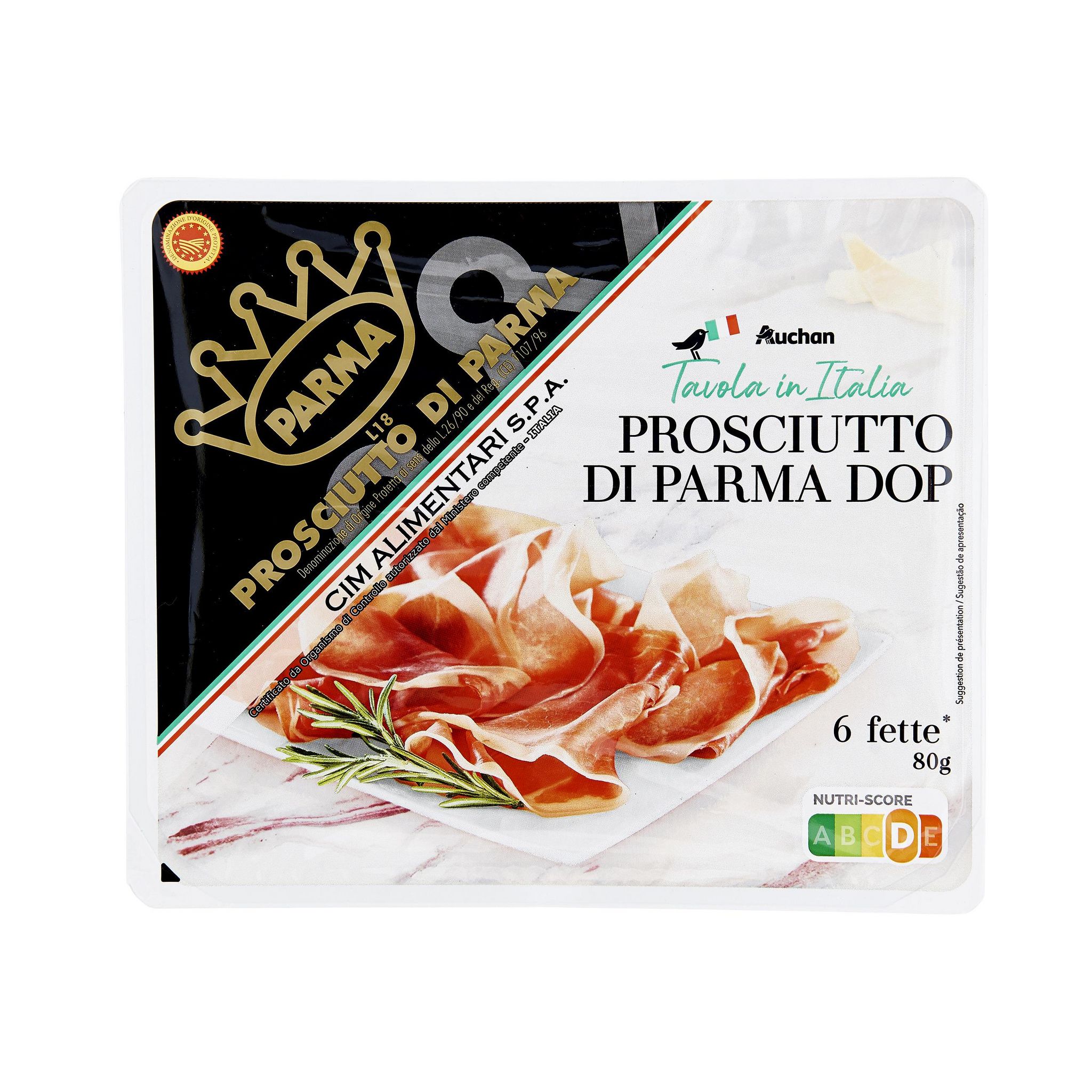 Voir la diapositive 3 : AUCHAN TAVOLA IN ITALIA Jambon sec de Parme AOP 6 tranches 80g