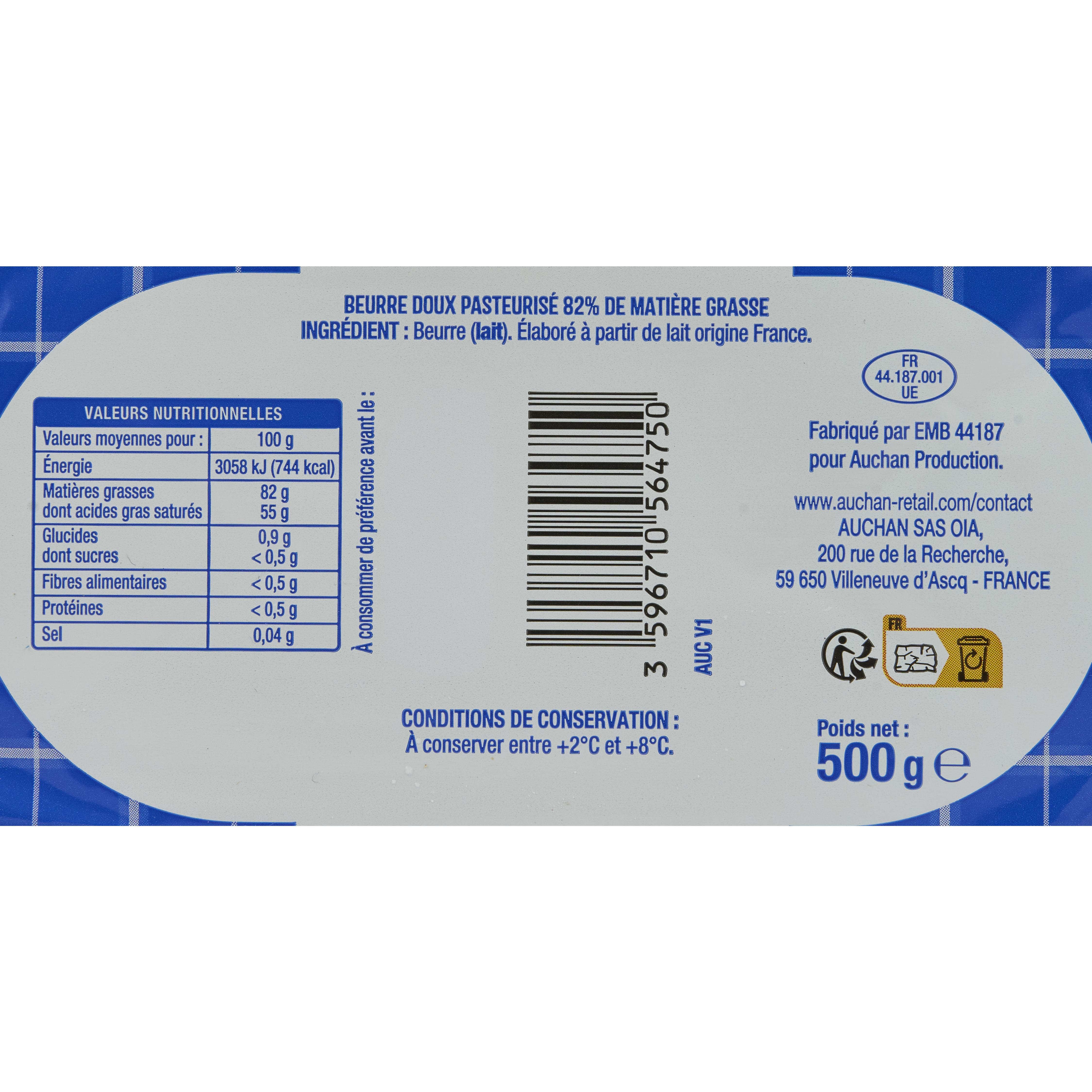 Voir la diapositive 3 : AUCHAN Beurre moulé doux 83%MG 500g