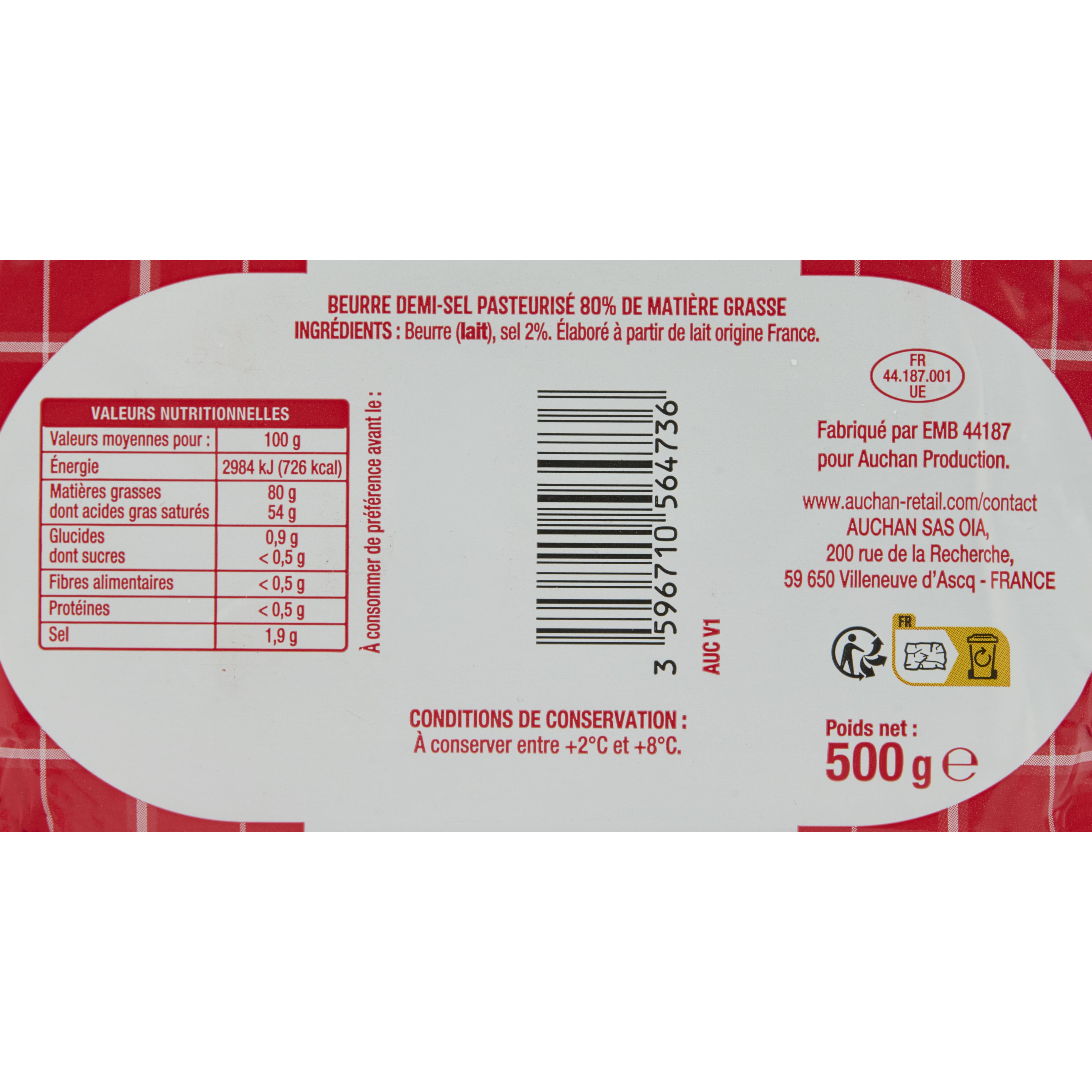 Voir la diapositive 2 : AUCHAN Beurre moulé demi-sel 81%MG 500g